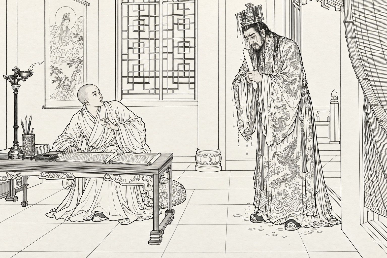 A line drawing in the manner of a late-Qing lithographed edition: in a meditation hall at night, the young monk Tang Sanzang, a scroll open on his desk beside a lamp, turns in his seat with one hand raised in surprise; in the doorway stands a drowned king in a soaked dragon robe and crown, water dripping from his sleeves and hem, tears on his face, a jade tablet held in both hands.
