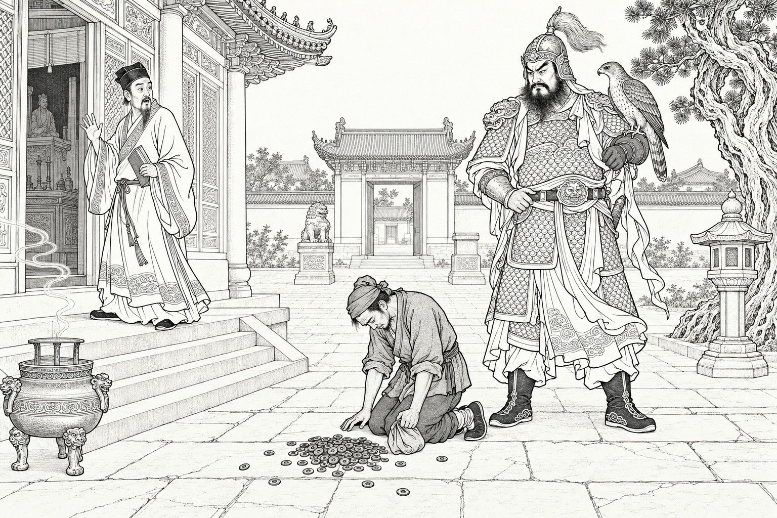 A line drawing in the manner of a late-Qing lithographed edition: at dawn in the courtyard of a temple, a towering armoured god with a hawk on his arm stands sternly behind a thief who kneels on the flagstones with an empty purse beside a spilled heap of copper cash, while a Daoist on the hall steps turns back, book in hand and one hand raised in astonishment, with a bronze incense burner, an old cypress, a stone lantern and the temple gate behind.