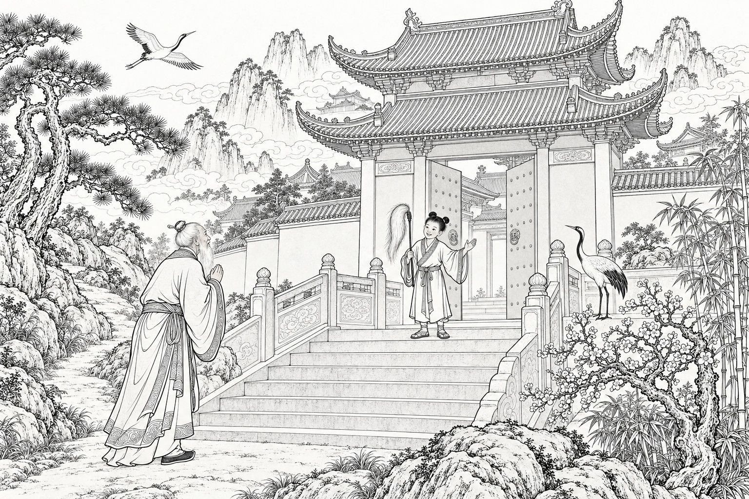 仿清末石印本的线描:松竹桃花间的玉虚宫门前,白须的姜子牙在石阶下合手躬身,头顶双髻、持拂尘的童子走出门来,站在最上一级台阶上迎他;阶旁立着一只鹤,空中另有一只飞过。