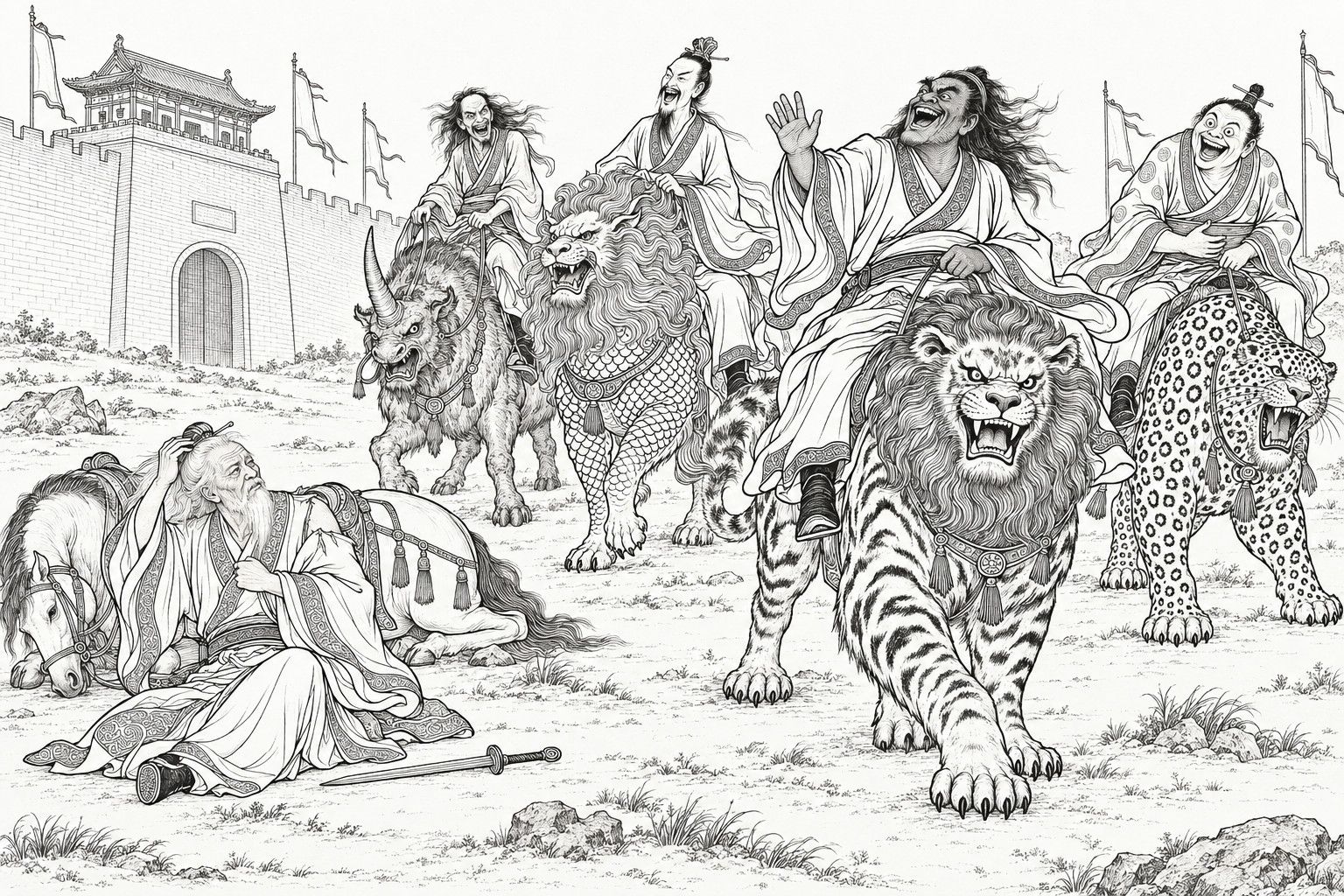 仿清末石印本的線描:城牆前的空地上,白鬚的姜子牙跌坐在地,冠歪袍裂,一手整衣領、一手扶簪,寶劍落在身旁,坐騎前腿跪倒伏在身後;四個道人分騎虎形獸、鱗身鬃獅、獨角獸和花斑豹,仰頭大笑。