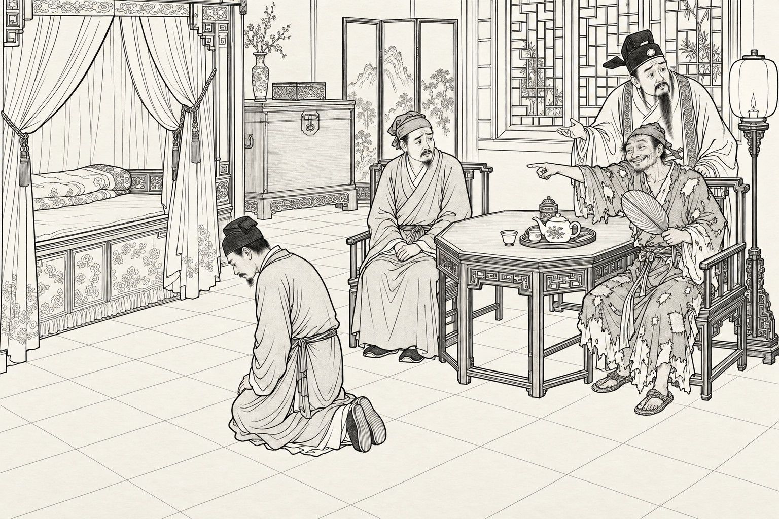 A line drawing in the manner of a late-Qing lithographed edition: in a bedroom by lamplight, a young steward in a black cap kneels on the floor facing a curtained bed with his head bowed; at the right a ragged monk sits at a table, pointing at the bed with a grin and a palm-leaf fan in his other hand, a bearded gentleman in a cap standing behind his chair with one hand held out, and a worried shopkeeper in a headcloth sits at the left.