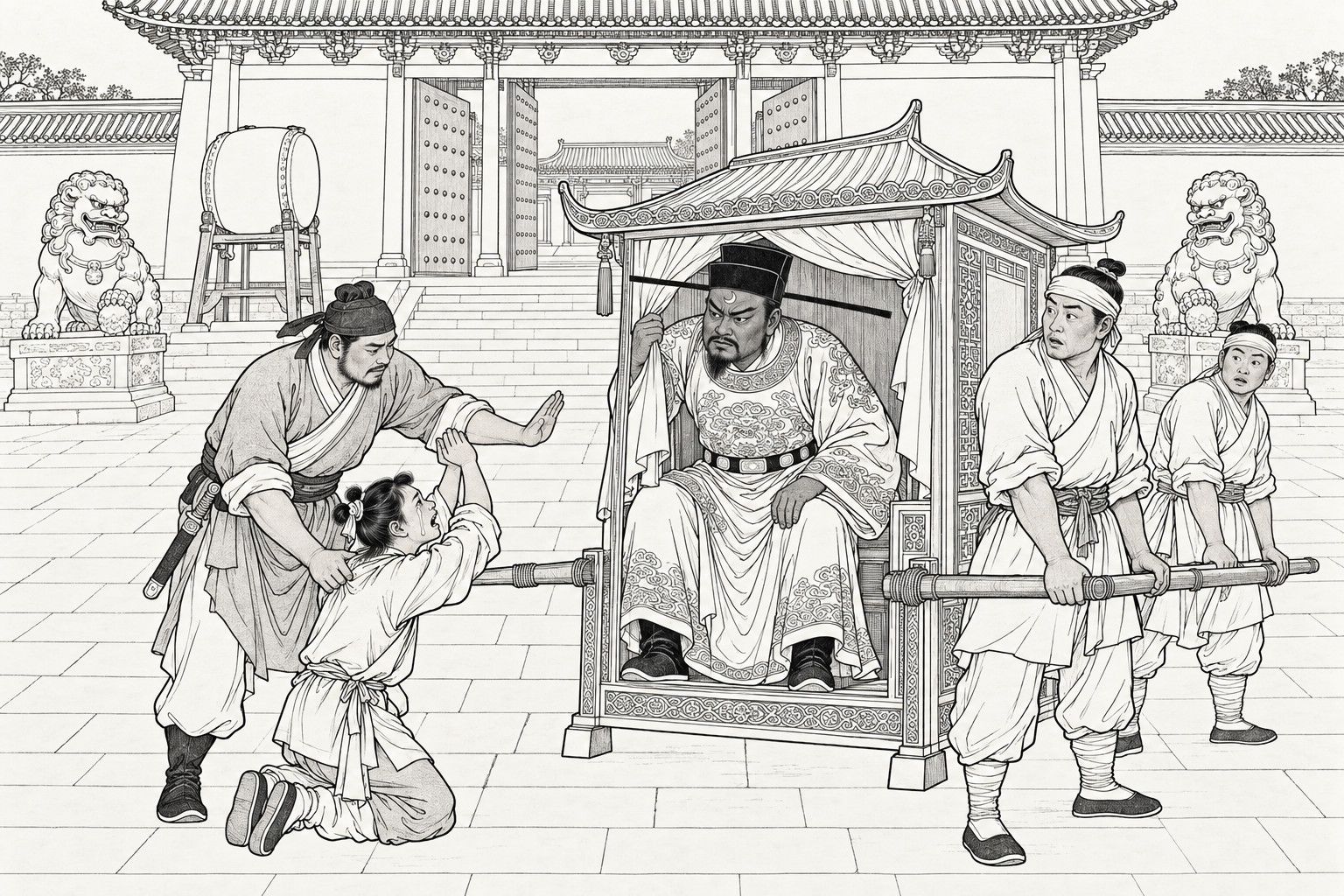 A line drawing in the manner of a late-Qing lithographed edition: by day before the great gate of a yamen with stone lions and a drum on a stand, a magistrate in an official cap, a small crescent on his forehead, leans out of a sedan chair holding back the curtain and frowns at a servant boy who kneels with both hands raised and mouth open in a cry; a broad-shouldered guard grips the boy's shoulder and holds up his other hand in apology, and two headbanded bearers hold the chair's poles and look on.