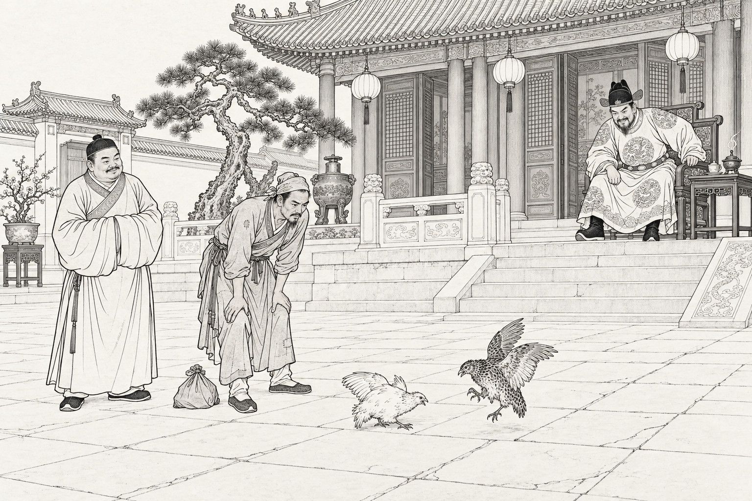 A line drawing in the manner of a late-Qing lithographed edition: in the paved forecourt of a prince's palace hall in the daytime, a thin commoner bends with his hands on his knees to watch two fighting quails, a white one crouching and a speckled one leaping with wings spread, while a stout man stands behind him with his hands in his sleeves and a prince in a winged cap leans forward in a carved armchair on the terrace, with lanterns under the eaves, a pine, a bronze incense burner and a carved stone balustrade behind.