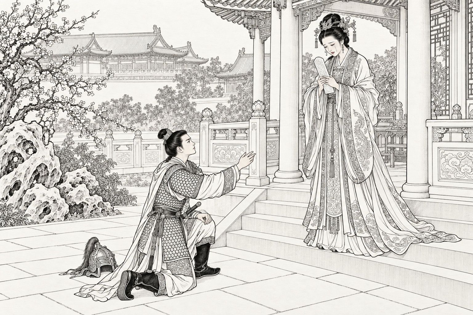 A line drawing in the manner of a late-Qing lithographed edition: in a palace pavilion garden, a young prince in scale armour kneels on the paving with one hand stretched out, his plumed helmet on the ground beside him, while the queen stands at the top of the pavilion steps in a long embroidered gown, tears on her cheeks, holding a white jade tablet in both hands.