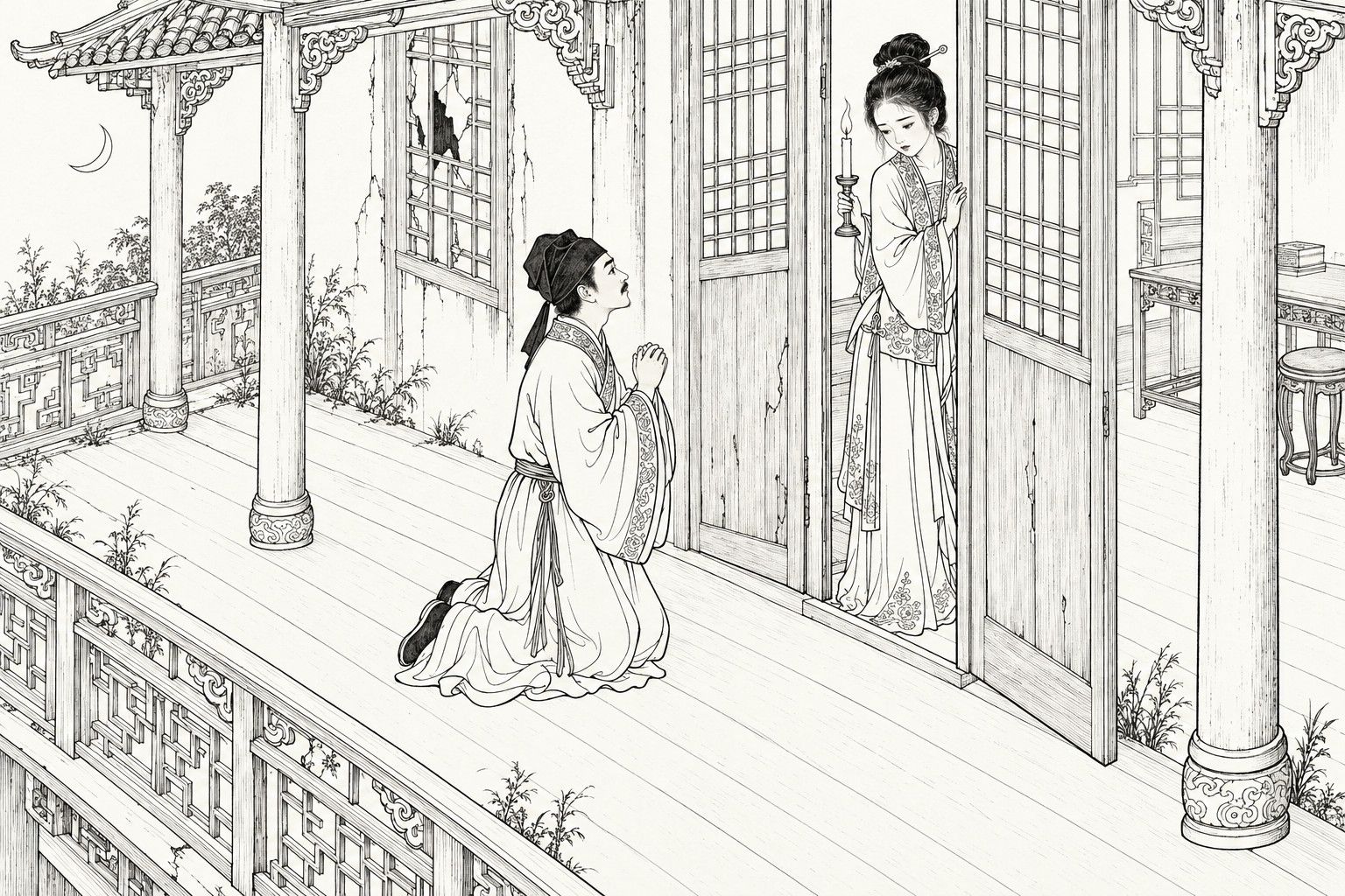 A line drawing in the manner of a late-Qing lithographed edition: on the veranda of an old mansion at night under a crescent moon, a young scholar kneels with his hands clasped, pleading; in the half-open door a girl with a high bun holds a lit candle and draws back half behind the door leaf, her eyes cast down.