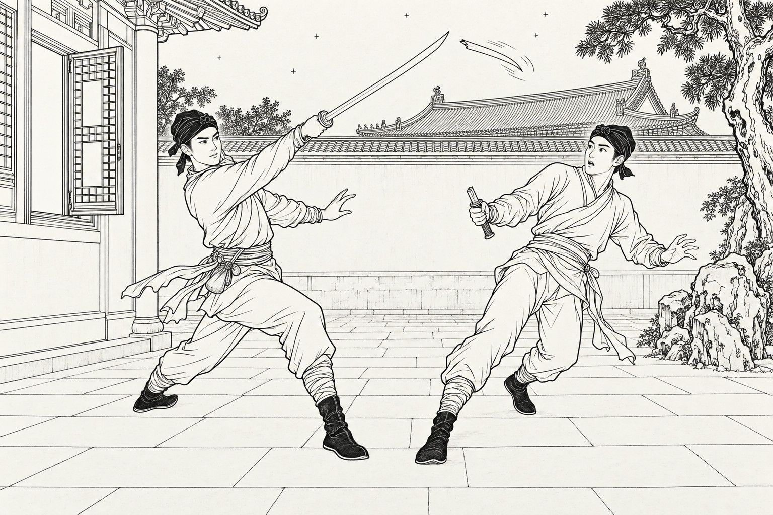 A line drawing in the manner of a late-Qing lithographed edition: at night under a few small stars in a courtyard of a government office, a young swordsman in a head cloth and close-fitting clothes sweeps his sword up in a long arc; the intruder facing him, also in a head cloth and tight clothes, recoils with his weight on his back foot, holding only the hilt and stump of a sabre, while the severed blade spins through the air above; an old tree and rocks stand at the right and a half-open lattice window at the left.