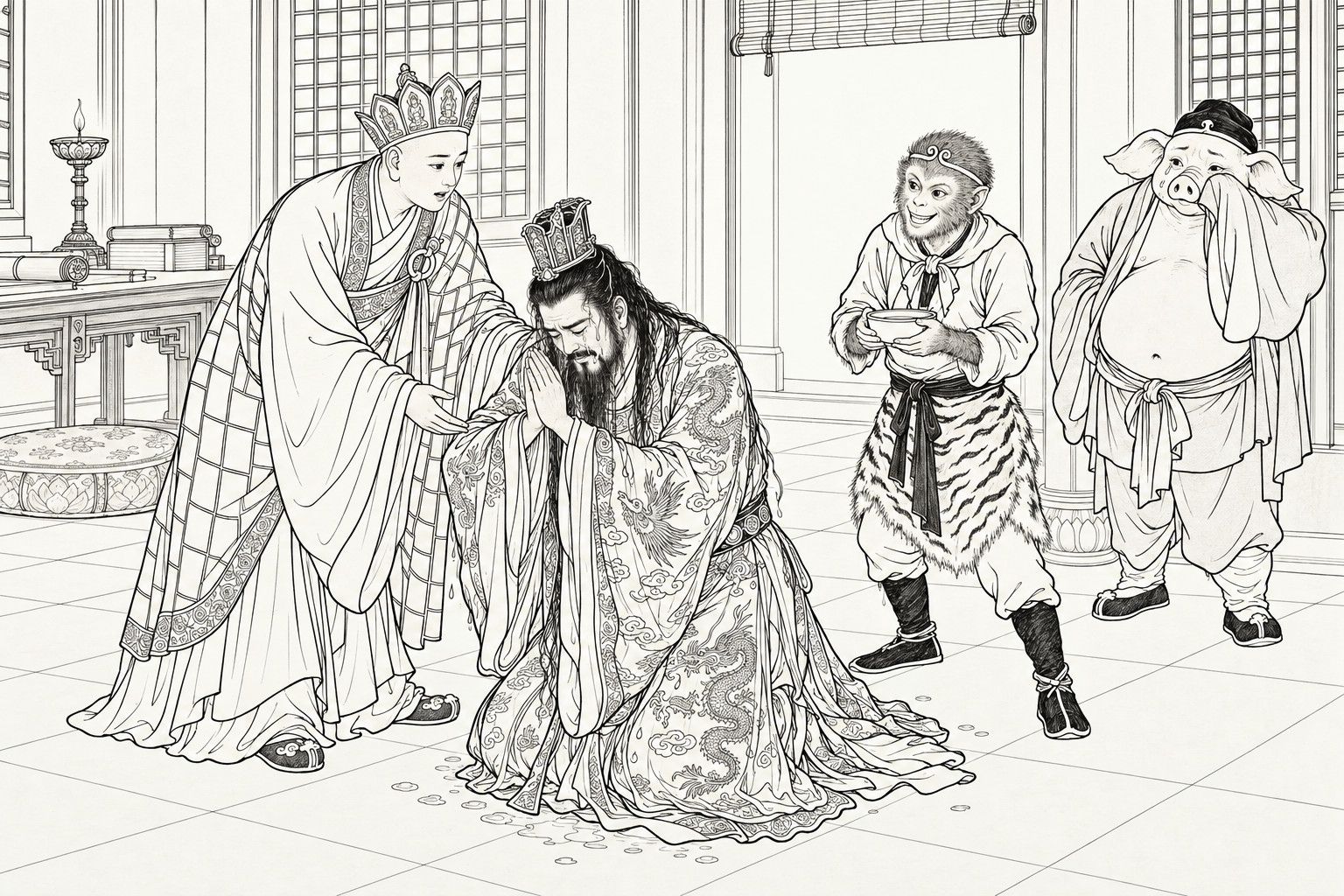 A line drawing in the manner of a late-Qing lithographed edition: in a meditation hall at dawn, the revived king kneels on the floor in his soaked dragon robe, his hair loose and his hands joined, while Tang Sanzang in a crown-shaped hat and checked robe bends to raise him; Sun Wukong grins, holding a small bowl of water, and Zhu Bajie wipes his eyes with his sleeve.