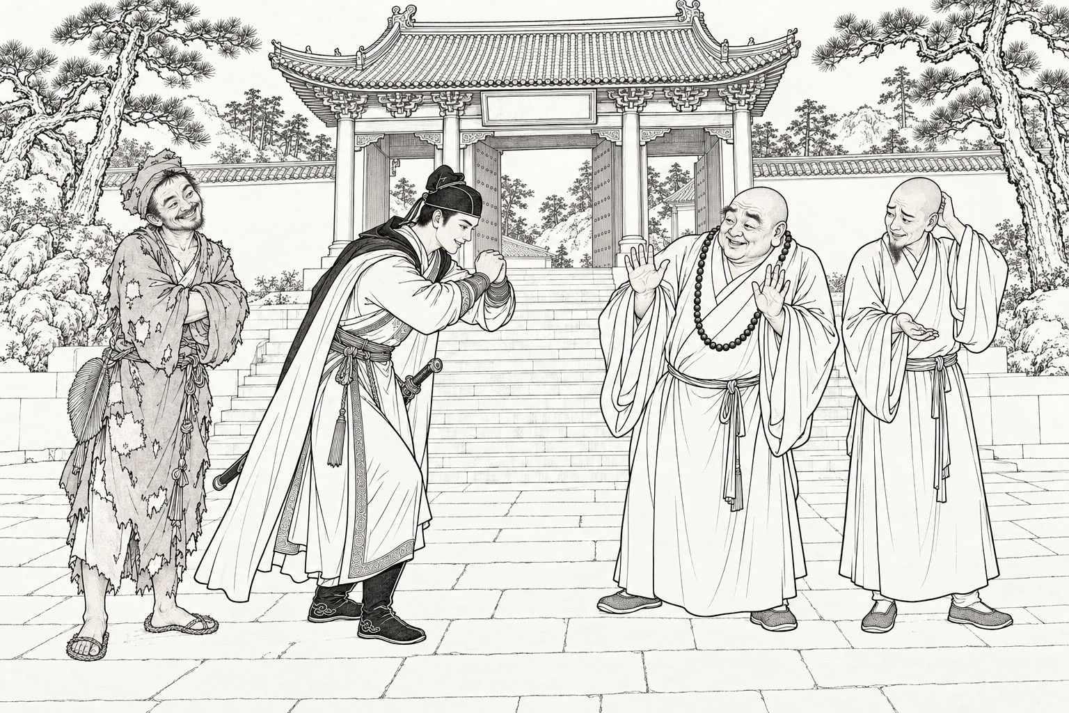 A line drawing in the manner of a late-Qing lithographed edition: before the mountain gate of a monastery with a flight of steps behind them, a ragged monk with a fan in his sash stands grinning with his arms folded while a young swordsman with a sabre at his hip bows with clasped fists; two shaven-headed gatekeeper monks, one stout and wearing prayer beads, the other thin and scratching behind his ear, wave their hands in flustered refusal; old pines frame the scene.