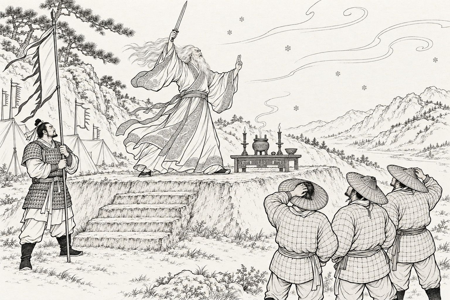 A line drawing in the manner of a late-Qing lithographed edition: on an earth platform in a hillside camp, Jiang Ziya stands with his white hair unbound and streaming in the wind, a sword raised in one hand and two fingers pointed up in the other, before a small altar with an incense burner; below, a general holds a pennant pole and three soldiers in quilted jackets and wide bamboo hats look up, one scratching his head, as the first snowflakes fall.