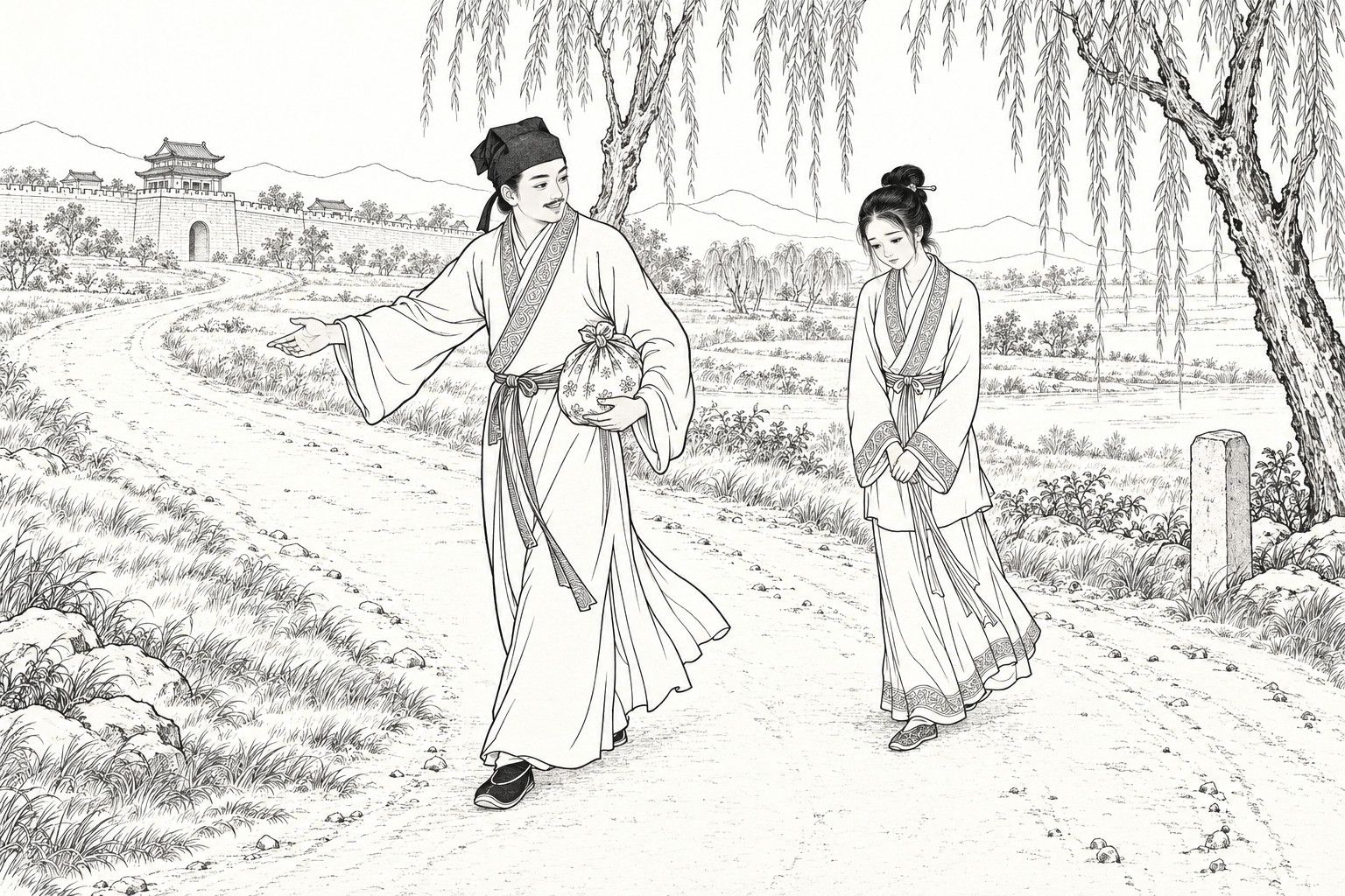 仿清末石印本的線描:清晨的鄉間路上,戴軟巾的青年書生一手提著布包袱,笑著回頭,另一手指引前路;梳高髻的少女低著頭、雙手合攏,落後幾步跟著;遠處有垂柳和城牆。