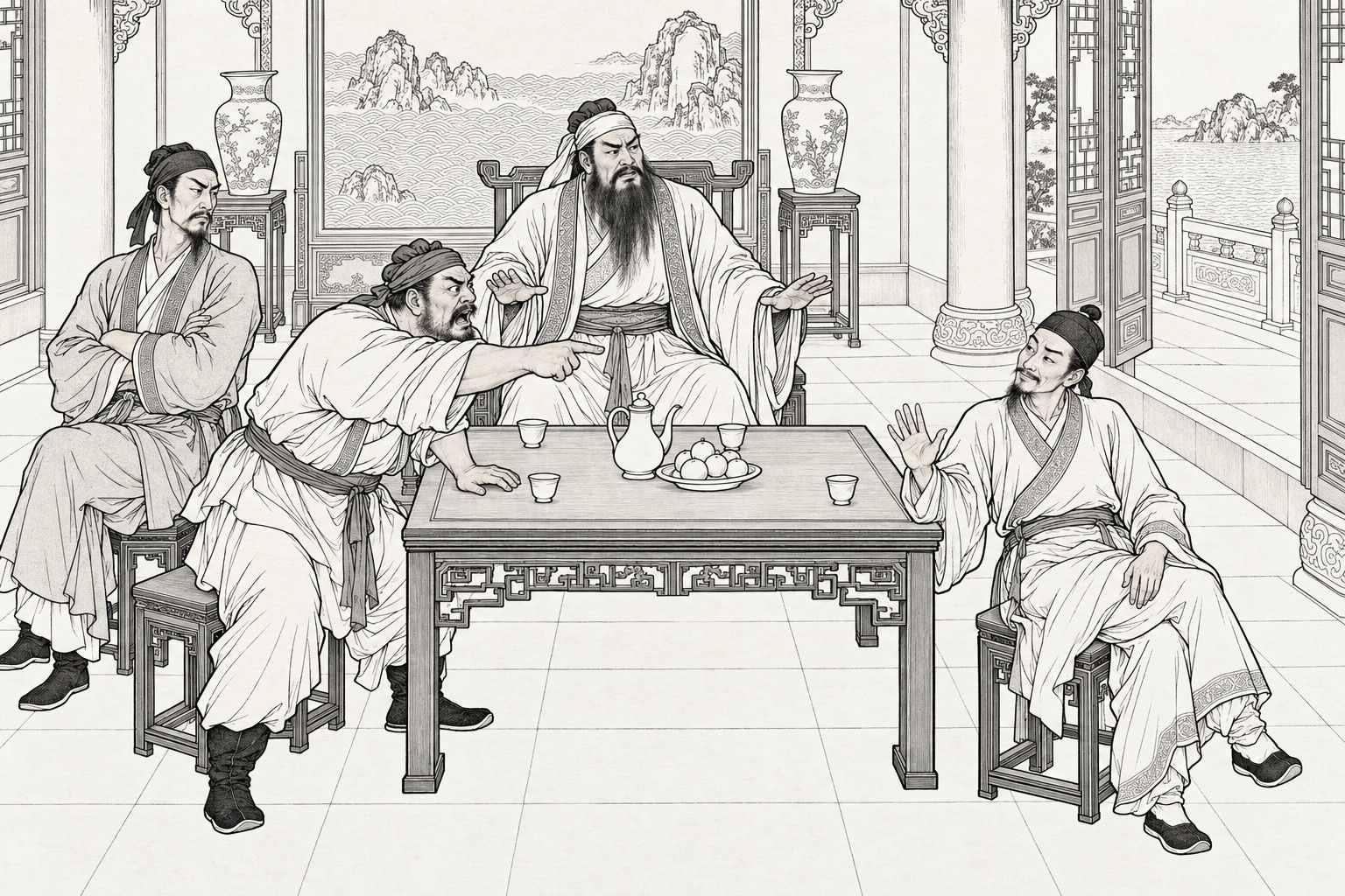 A line drawing in the manner of a late-Qing lithographed edition: by day in a lake manor's reception hall, four men sit round a low table with a teapot, cups and a plate of fruit: a broad-shouldered man with a long full beard in the high chair at the back holds both hands out, palms down, to calm the others; a coarse, whiskered man in the left foreground half rises and jabs a finger across the table; a tall lean man at the left sits with arms folded; a slight man with a thin beard at the right sits back with one palm raised, wearing a rueful smile; behind them a screen painted with waves and hills, and open doors showing a stretch of lake.