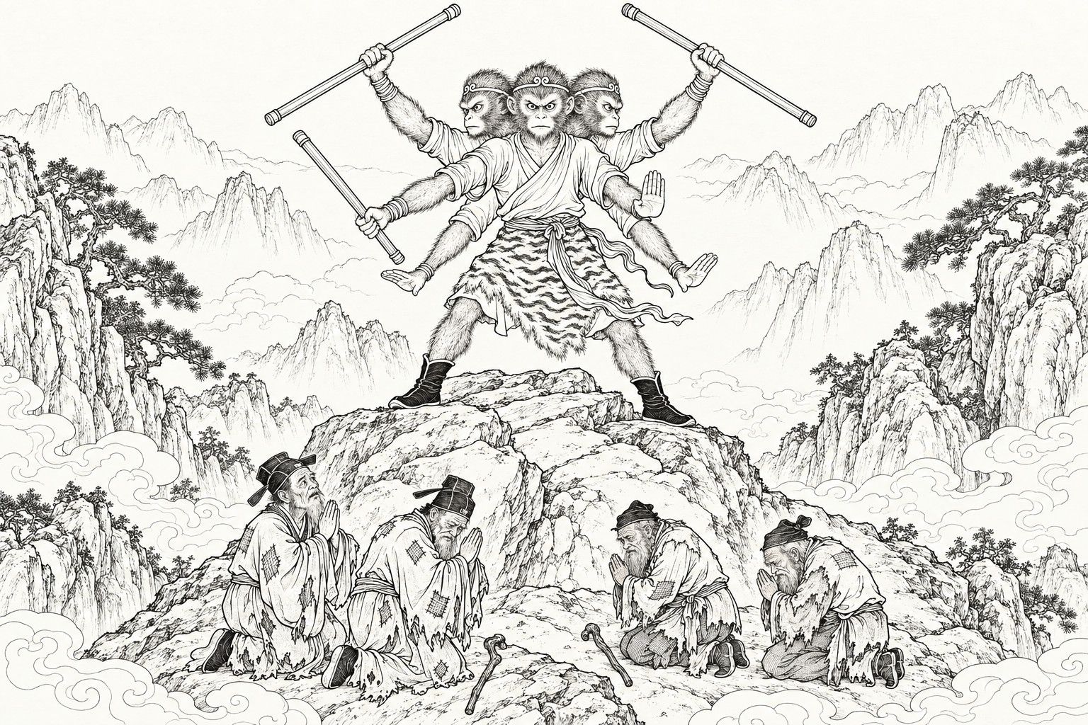 A line drawing in the manner of a late-Qing lithographed edition: on a craggy summit among cloud-wreathed mountains, Sun Wukong stands with three heads and six arms, three iron staffs in three of his hands and the other three hands held out with palms turned outward; below him four ragged old local spirits in patched robes kneel with their hands joined, two in officials' caps and two in soft caps, canes on the rock beside them.
