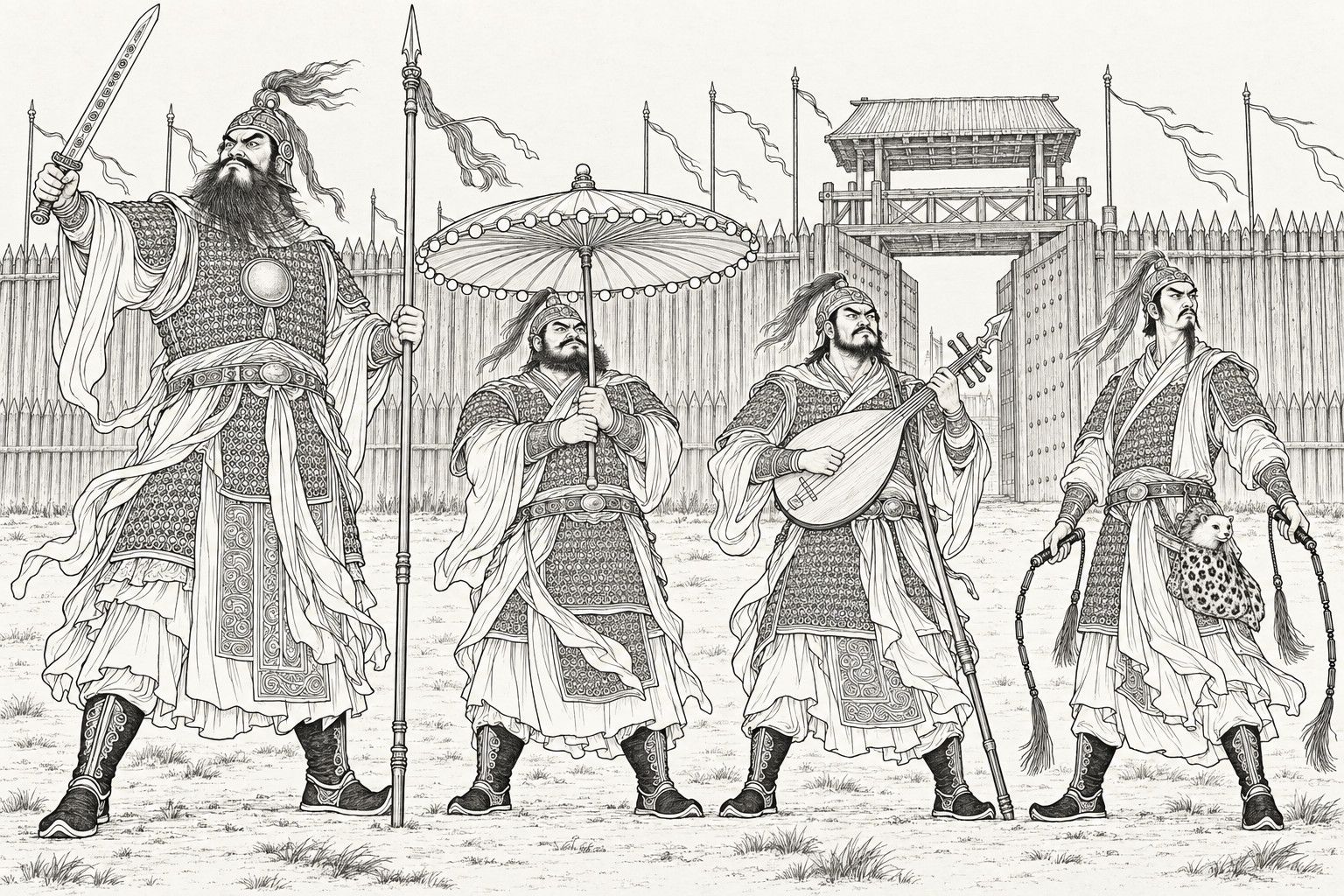 仿清末石印本的線描:軍營柵門前,四個披甲的兄弟大將並排站著:最高的一個舉著刃上有小符記的劍,另一手握長槍;第二個雙手舉著鑲一圈寶珠的大傘過頭頂;第三個把四弦琵琶抱到胸前準備彈撥;第四個雙手各執一條鞭,腰間豹皮囊口探出一隻白色小獸的頭。