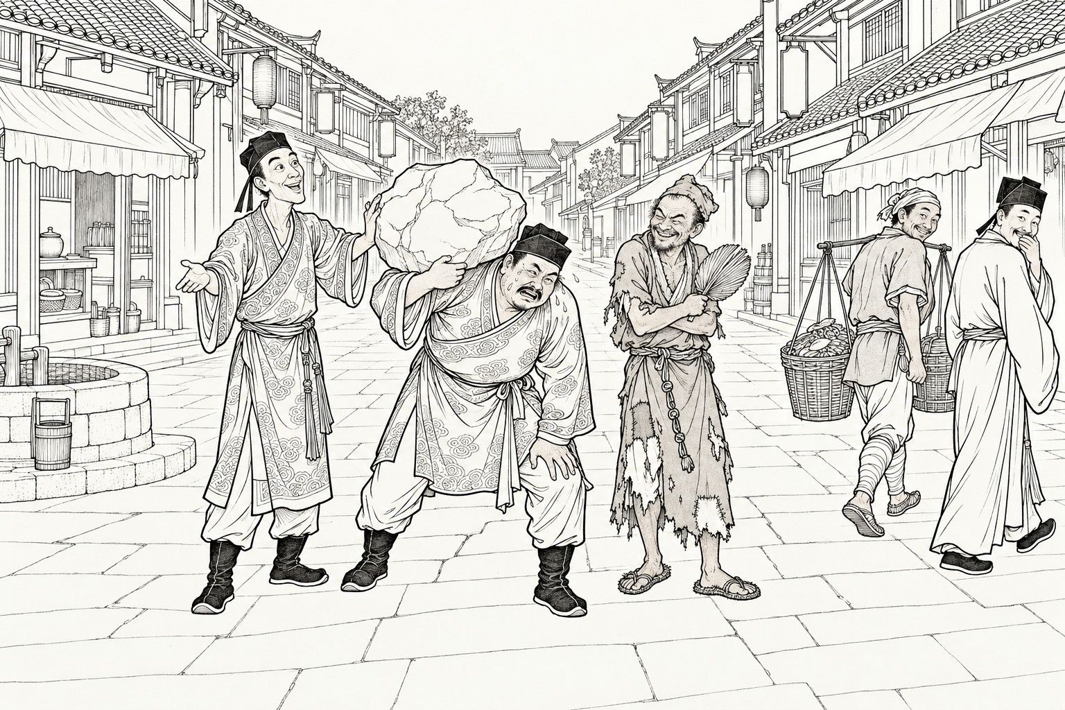 仿清末石印本的線描：店鋪林立的街上，一個衣著整潔的差人扛著一塊稜角粗大的石頭，彎腰流汗、腳步踉蹌，同伴伸手向人炫耀；拿蒲扇的破衣僧抱臂咧嘴笑，站在他們旁邊；兩個路人，一個挑著筐擔，回頭看著石頭微笑；左邊有一口井。