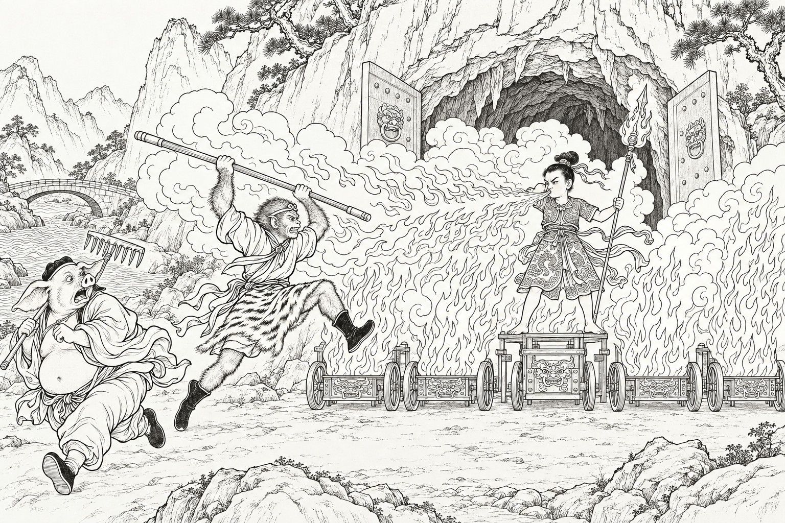 A line drawing in the manner of a late-Qing lithographed edition: before the gate of the Fire Cloud Cave, the boy demon Red Boy stands on a small cart among five carts, spear in hand, breathing a stream of fire and smoke from mouth and nose, while Sun Wukong leaps at him with his staff raised in both hands and Zhu Bajie runs off to the left, rake over his shoulder, looking back in fright.