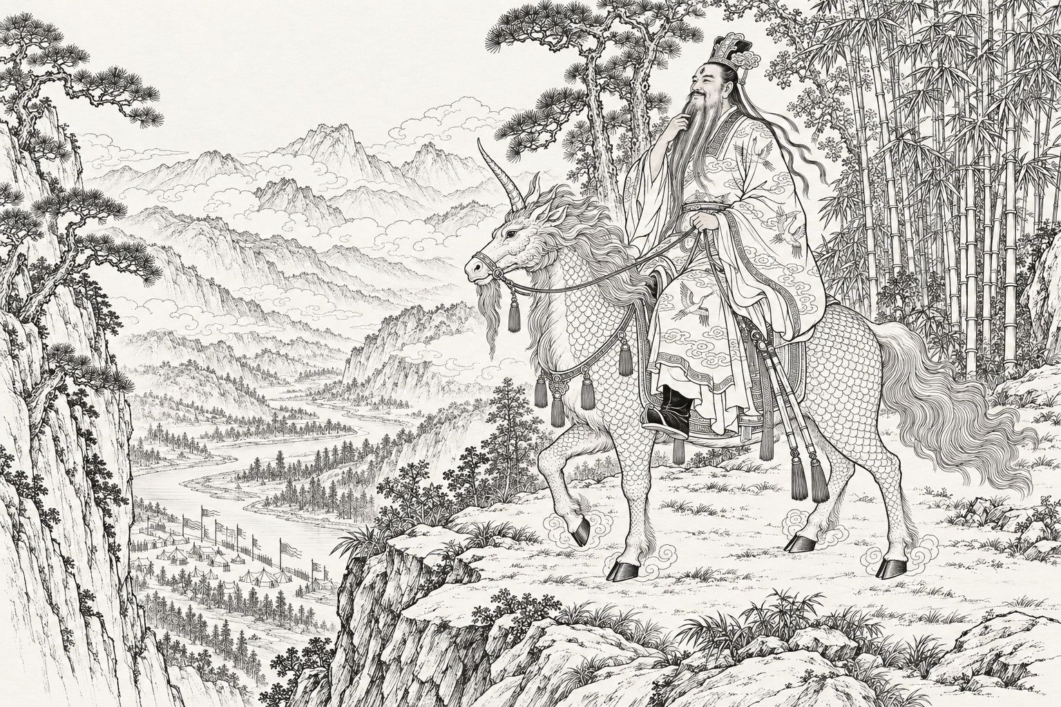 A line drawing in the manner of a late-Qing lithographed edition: on a rocky ledge of Mount Huanghua among pines and bamboo, the Grand Preceptor Wen Zhong, with a third eye on his forehead and a long beard, sits on a scaly one-horned beast with two whips hanging from the saddle, stroking his beard with a wistful smile; far below, a river winds through the valley past a row of tiny tents and banners.