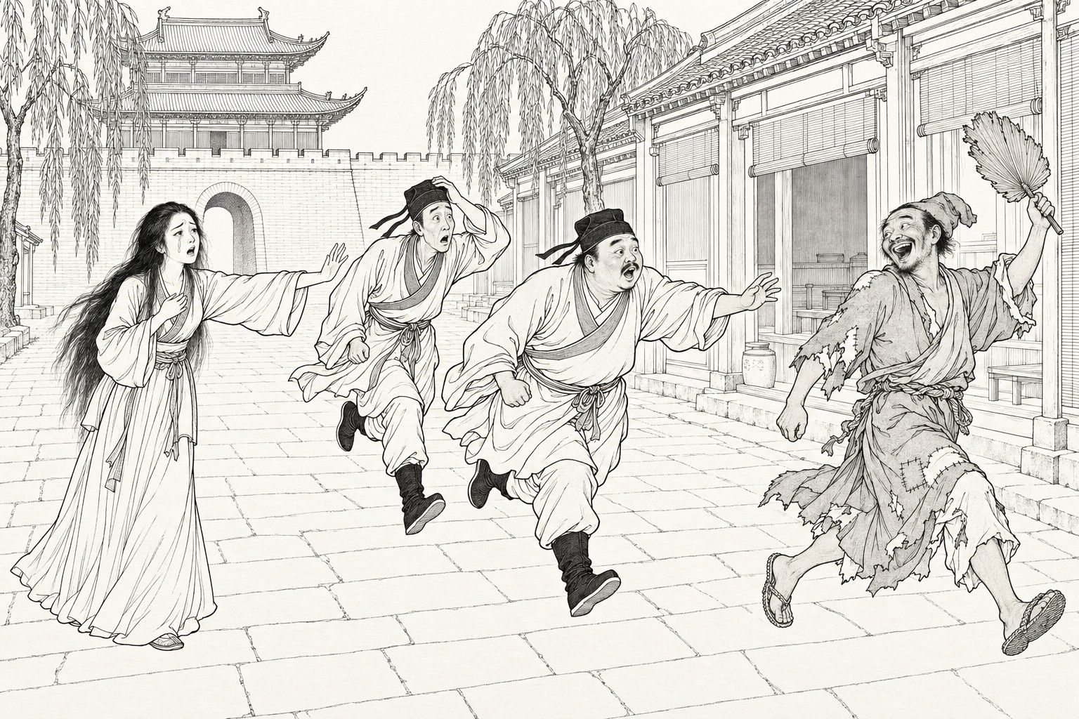 A line drawing in the manner of a late-Qing lithographed edition: on a street inside a town gate, a young woman with long loose hair and tears on her cheeks reaches out a hand toward a ragged monk, who runs away laughing and waving his palm-leaf fan; two out-of-breath attendants in soft caps run after him; willows and a gate tower stand behind.