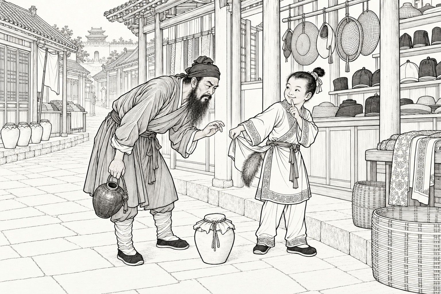A line drawing in the manner of a late-Qing lithographed edition: on a market street in daytime, under the arcade of a hat shop, a long-bearded servant in a short robe bends forward with an empty wine pot in his hand and peers at a smiling boy, who lifts the hem of his robe to show a bushy tail at his back and raises one finger to his lips, a sealed wine jar between them, with hung hats, bolts of cloth, baskets, shop fronts and a distant gate tower around them.