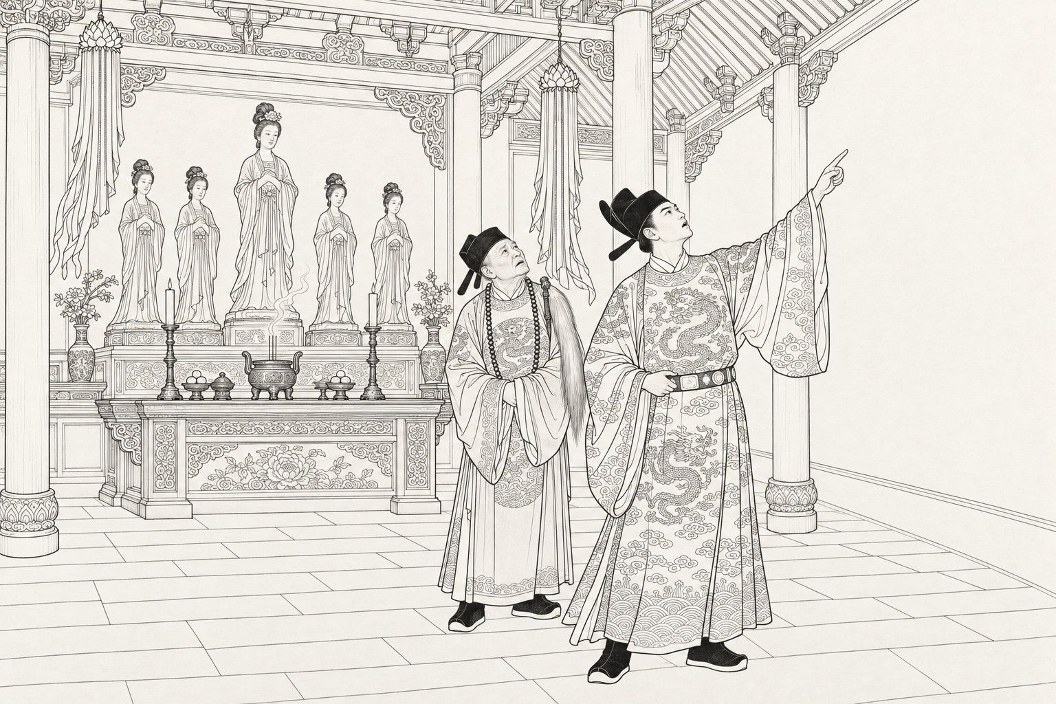 A line drawing in the manner of a late-Qing lithographed edition: inside the palace shrine, the young emperor stands with his head thrown back and one arm raised, pointing up at the blank gable wall, while the old eunuch Chen Lin, with tear-marked cheeks, looks up beside him; behind them stand the clay statue of the loyal palace maid and four smaller attendant statues on a low altar with an incense burner.