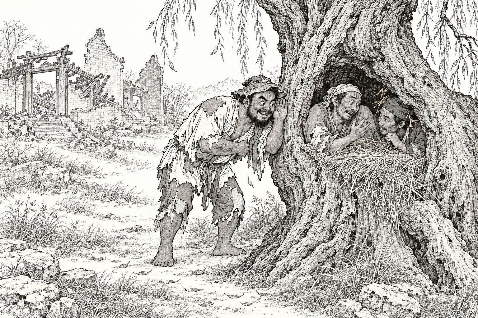 A line drawing in the manner of a late-Qing lithographed edition: beside a ruined temple in autumn, a ragged, barefoot man bends towards a huge hollow willow trunk with a hand cupped behind his ear and a broad grin, while two ragged beggars lie on straw inside the hollow, chatting and unaware of him.