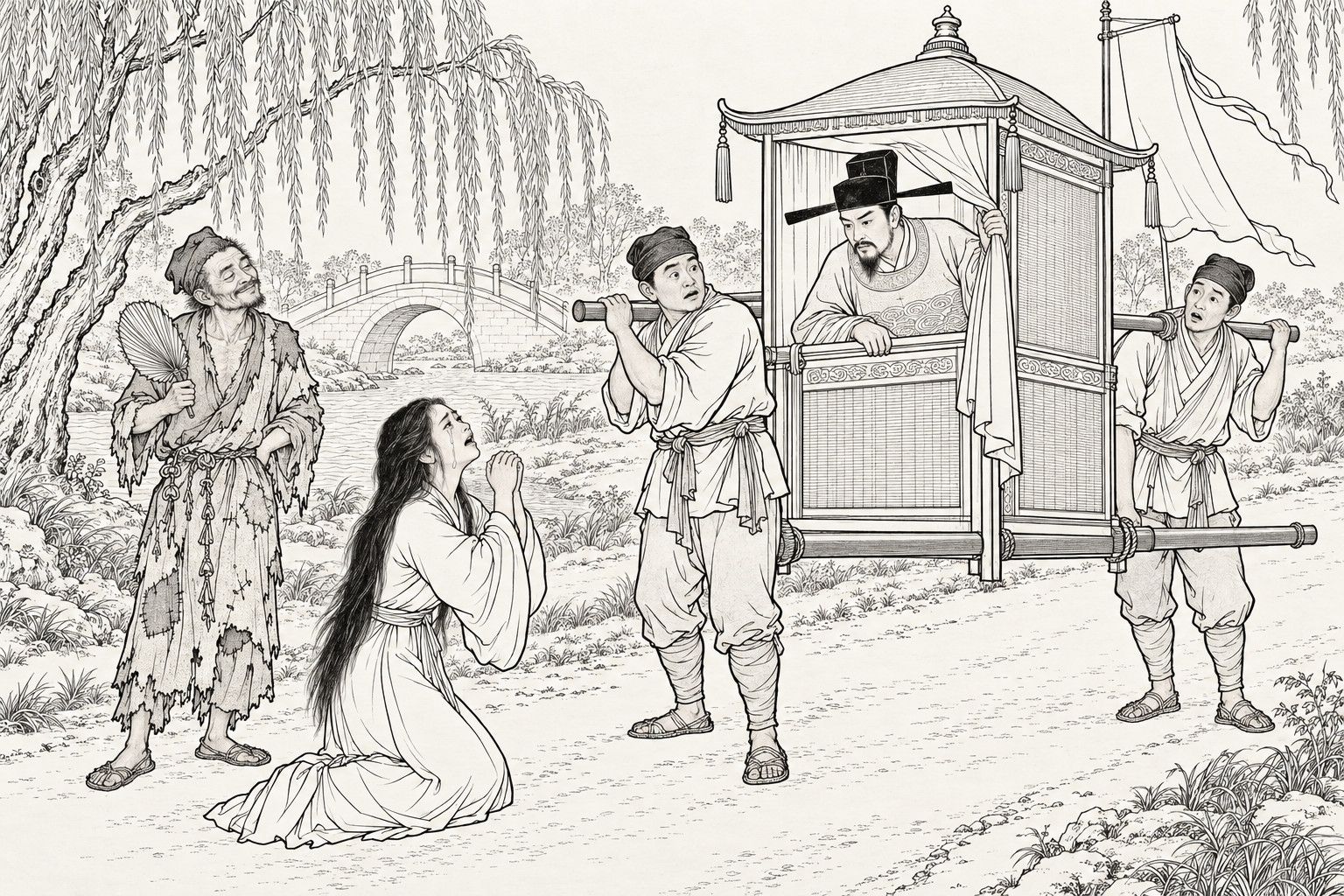 A line drawing in the manner of a late-Qing lithographed edition: on a country road by a willow and an arched bridge, a young widow with loose hair kneels in mourning dress, hands clasped and face lifted in tears, before a sedan chair whose curtain a magistrate in an official's cap holds aside as he leans out to look at her; two bearers hold the poles; a ragged monk with a fan stands behind her, smiling.