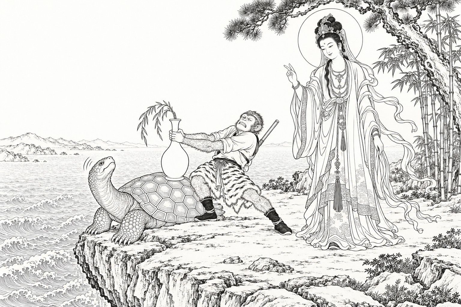 A line drawing in the manner of a late-Qing lithographed edition: on a sea cliff at Mount Potalaka, a huge tortoise has carried the vase up onto the rock, and Sun Wukong, a short staff slung on his back, leans far back with his teeth clenched, straining at the vase's neck, while the haloed Guanyin stands calmly at the right beneath a pine and bamboos, one hand raised.