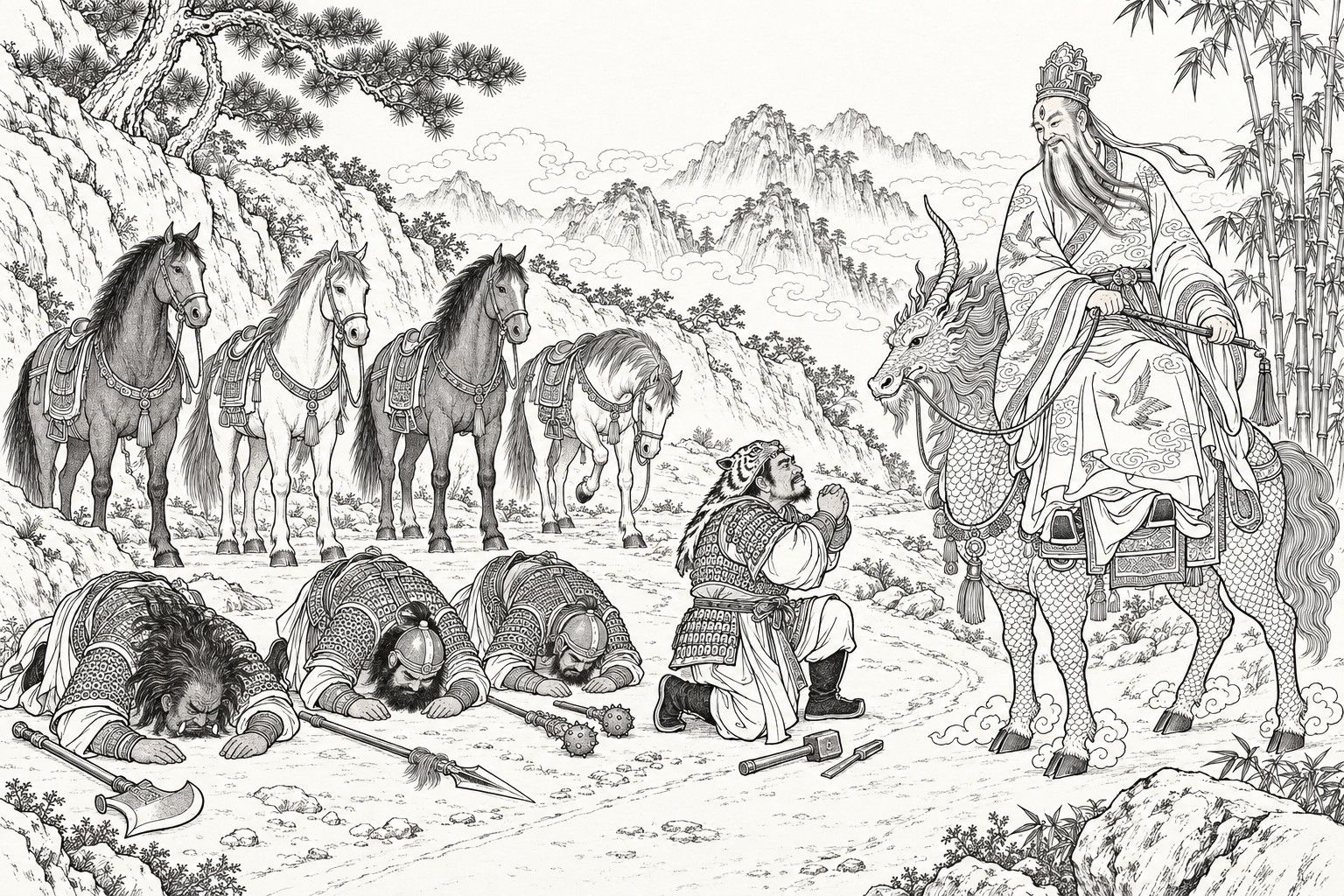 仿清末石印本的線描:山路上,戴高冠、額上有第三隻眼、含笑的白鬚老者騎著一頭披鱗的獨角異獸,膝上橫著一條竹節鞭;他面前三位披甲頭領伏地叩首,兵器放在身旁,第四位戴虎頭帽的頭領雙手合十跪著;他們身後並排站著恰好四匹備了鞍的馬。
