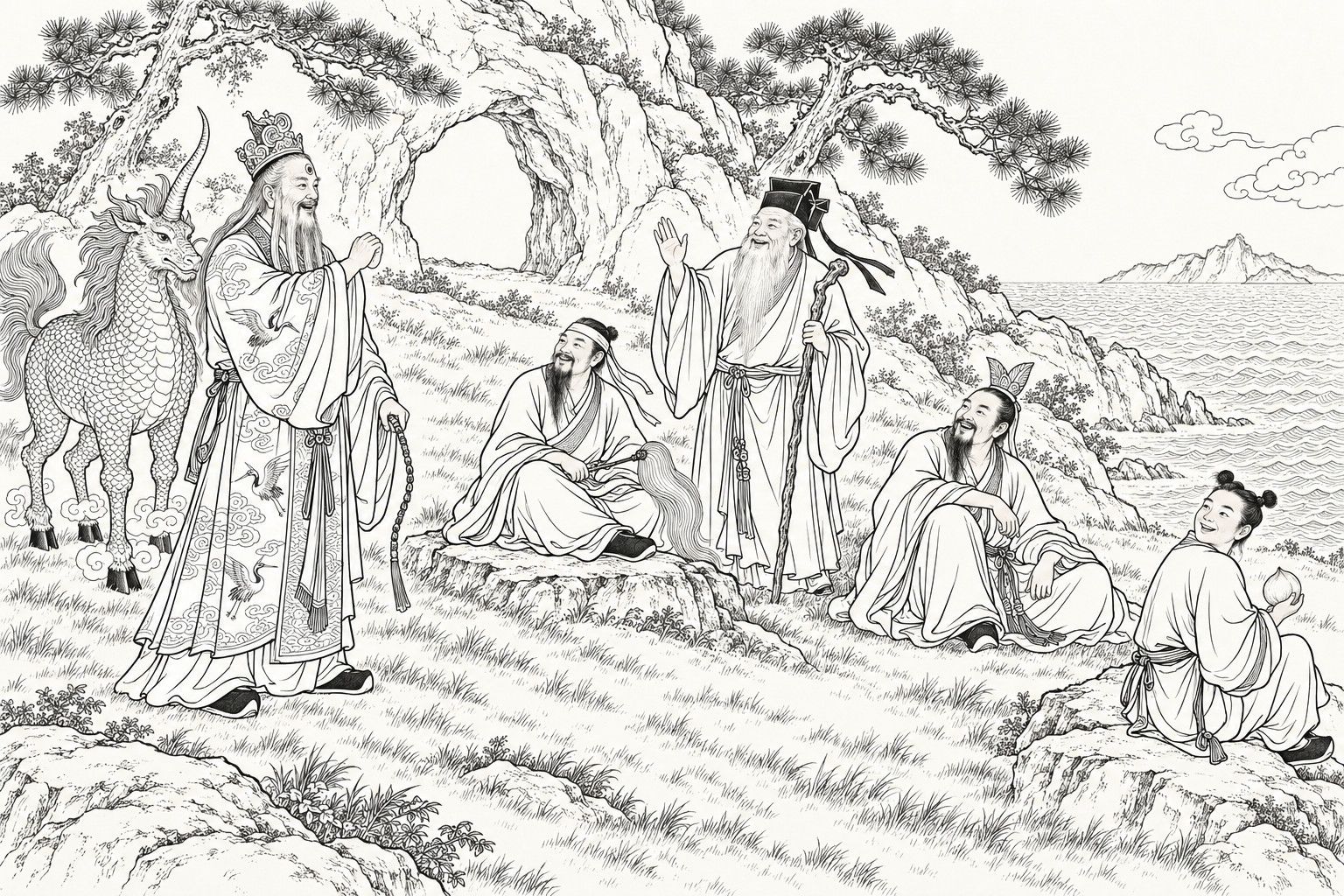 仿清末石印本的線描:海邊小島的草坡上,額有第三隻眼的聞太師站在鱗身獨角獸旁,一手持鞭,一手抬起招呼;洞口前,四個道人坐臥在岩石和草地上,回頭含笑看他:一個束一字巾、膝上橫著拂塵,一個戴高方巾、拄著杖,一個戴魚尾冠,一個頭頂雙髻的少年手裡拿著一隻桃。