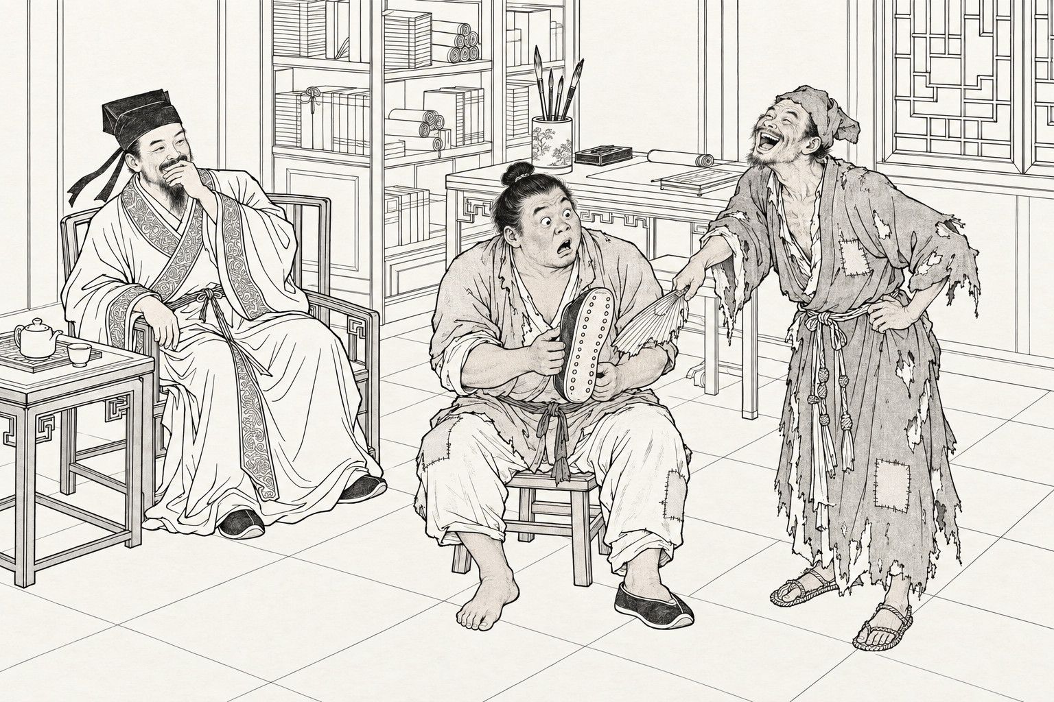 A line drawing in the manner of a late-Qing lithographed edition: in a study with a bookshelf and a writing desk, a big, round-eyed farmhand sits on a low stool with his mouth open, holding up one shoe sole studded with rows of nail heads; a ragged monk points at the sole with his fan and laughs; a bearded gentleman in a square cap sits in an armchair at the left, hiding a smile behind his hand.