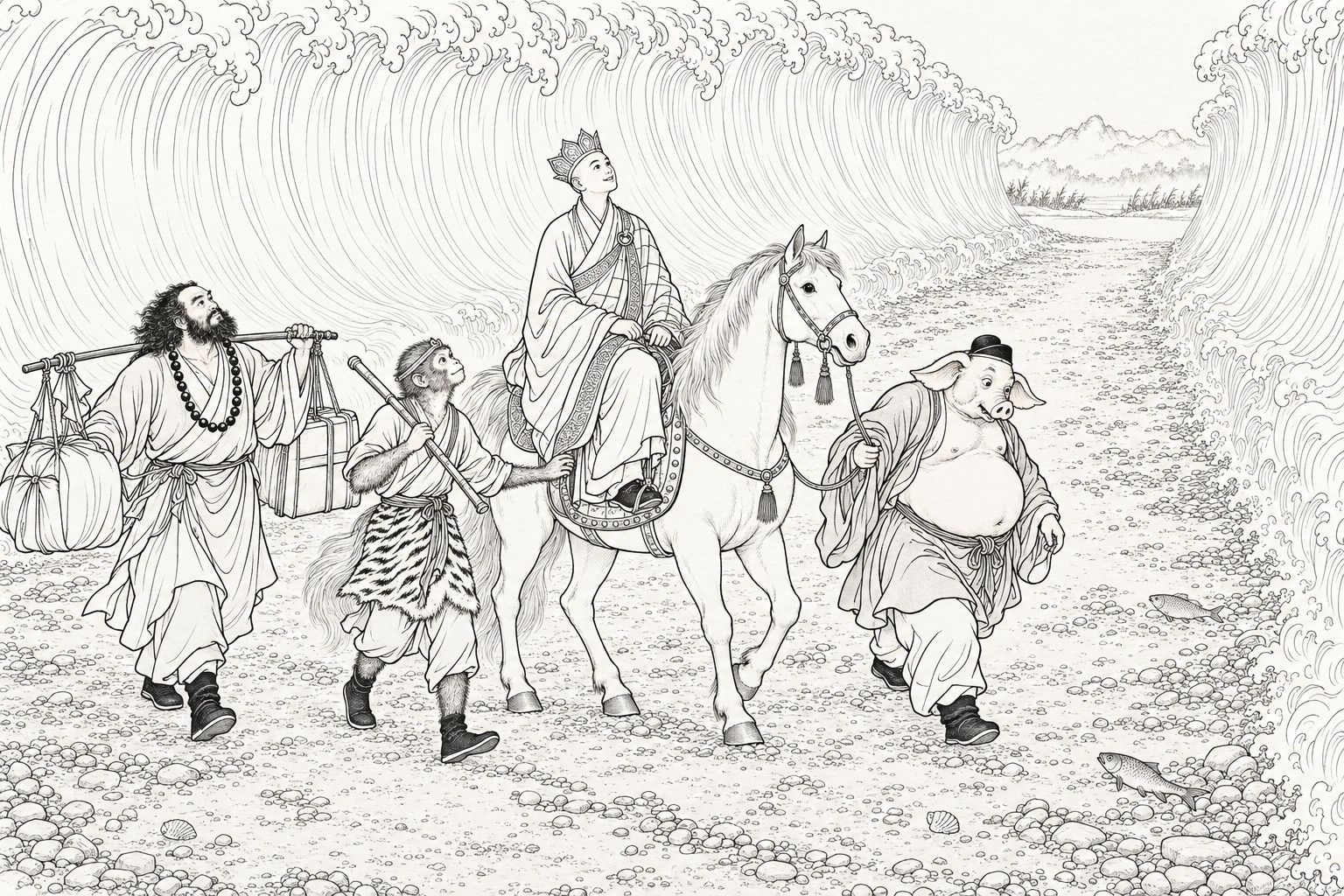 A line drawing in the manner of a late-Qing lithographed edition: by day on a dry, pebbly river bed between two towering walls of water, a young monk in a crown and patchwork robe rides a white horse and looks up in wonder, while a pot-bellied pig-headed disciple leads the horse by the reins, a bearded disciple carries bundles on a shoulder pole, and a monkey disciple in a tiger-skin kilt walks at the horse's flank with an iron staff on his shoulder, with stranded fish, shells and a reedy far bank beyond.