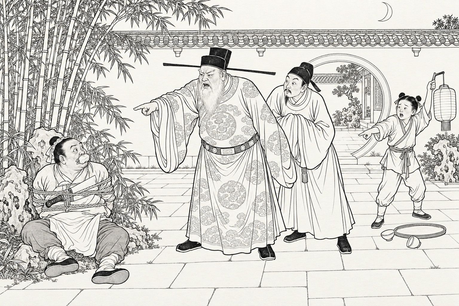 A line drawing in the manner of a late-Qing lithographed edition: at night in a mansion garden beside a round moon gate, an old minister with a long white beard points furiously at a stout cook who sits tied with ropes at the foot of a bamboo clump, a cloth stuffed in his mouth and a knife thrust through the ropes; behind the minister a sleek official peers over his shoulder, and a boy holding a paper lantern points, with a dropped tray and two bowls at his feet.