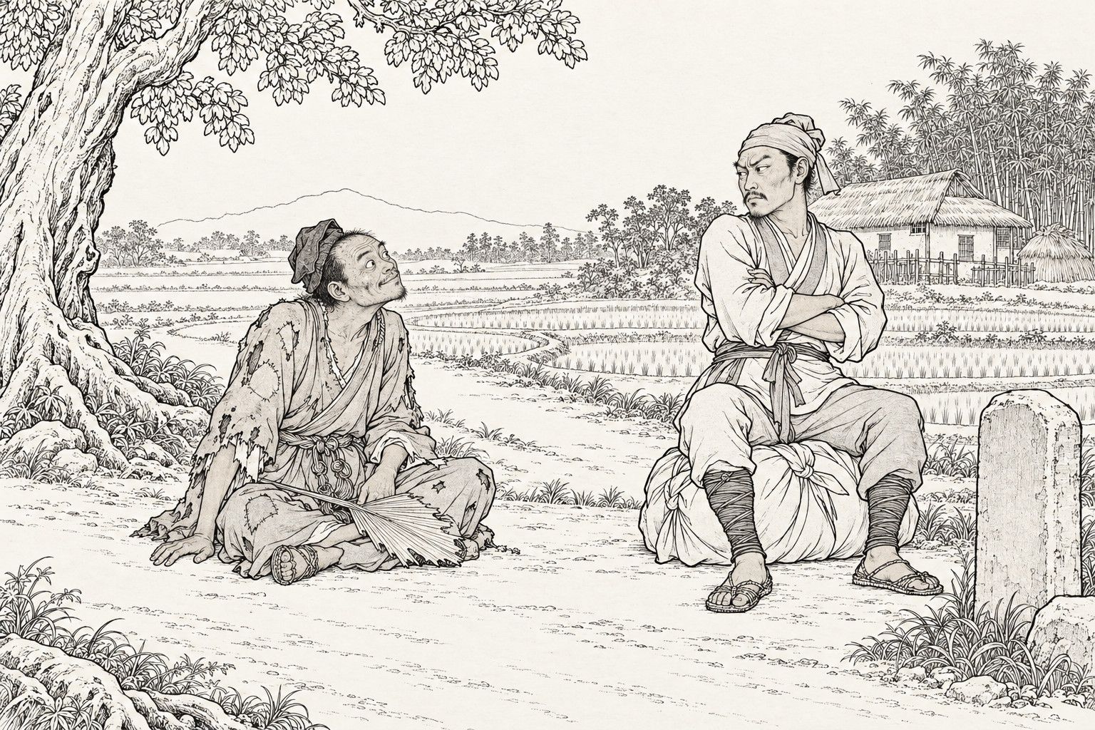 A line drawing in the manner of a late-Qing lithographed edition: at the side of a country road beside a big tree and flooded rice fields, a ragged monk with a fan across his lap sits in the dust staring up with a teasing half-smile, while a traveller in a head-cloth, sitting on his bundle with his arms folded and chin thrust out, glares back; a thatched farmhouse, bamboo and a milestone stand behind.
