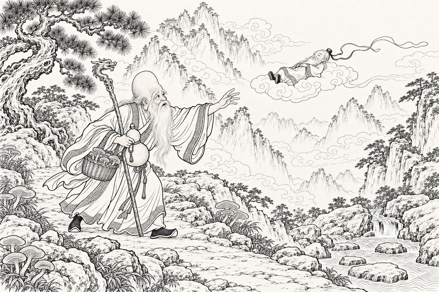 A line drawing in the manner of a late-Qing lithographed edition: on a stony path at the foot of Mount Kunlun among clumps of mushrooms, a short, bald-browed, white-bearded immortal with a dragon-headed staff, a basket of mushrooms on his arm and a gourd in one hand leans forward and reaches out, startled, towards a tiny sleeping old man who lies on his back on a curl of cloud in the air, trailing a thin ribbon.