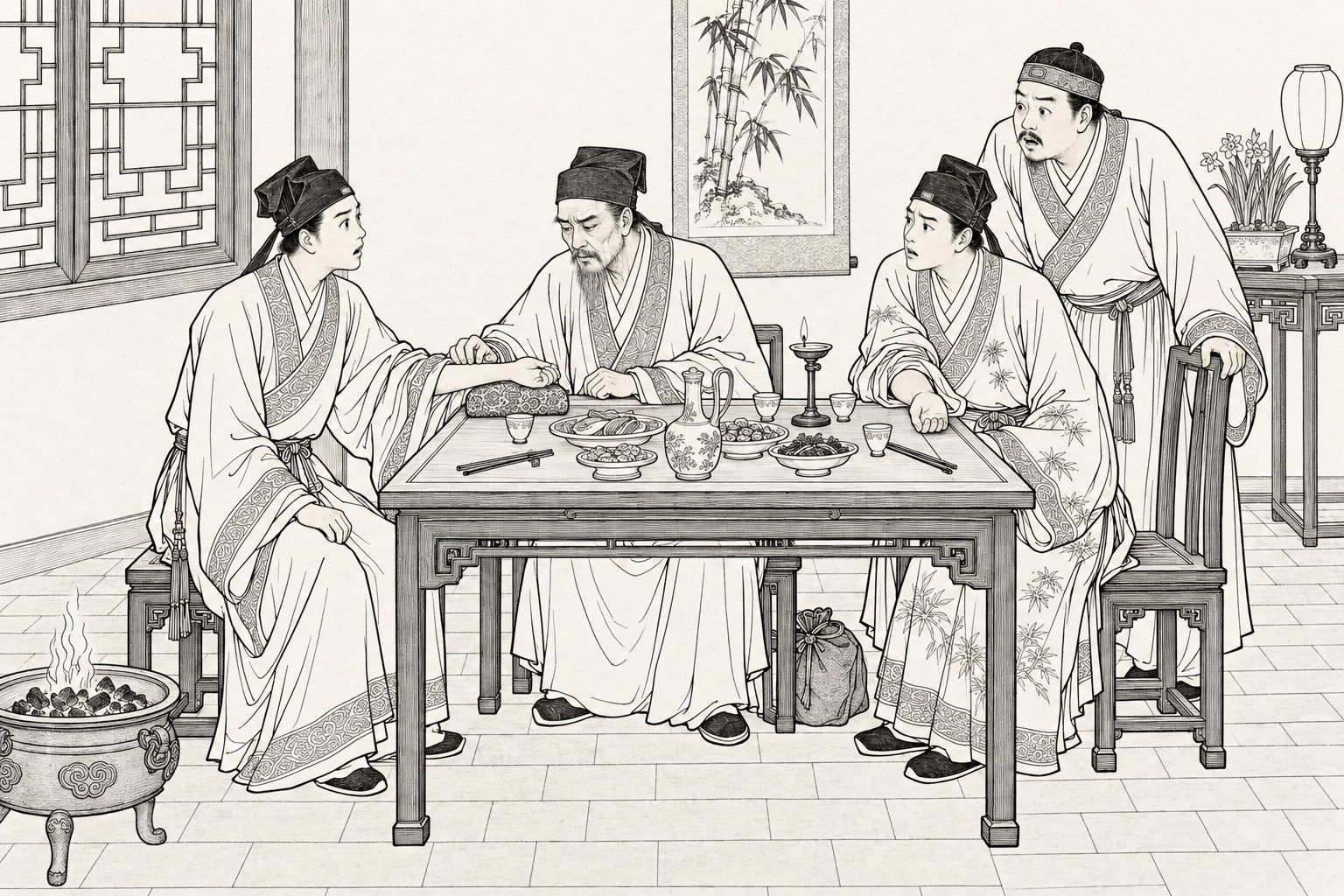 A line drawing in the manner of a late-Qing lithographed edition: on a winter evening in a gentleman's parlour, a travelling physician sits at a wine table and presses two fingers to a startled young scholar's wrist, while a second young scholar waits with his sleeve pushed back and a standing host leans over in surprise, with a charcoal brazier, a lattice window, a bamboo scroll and a pot of narcissus around them.