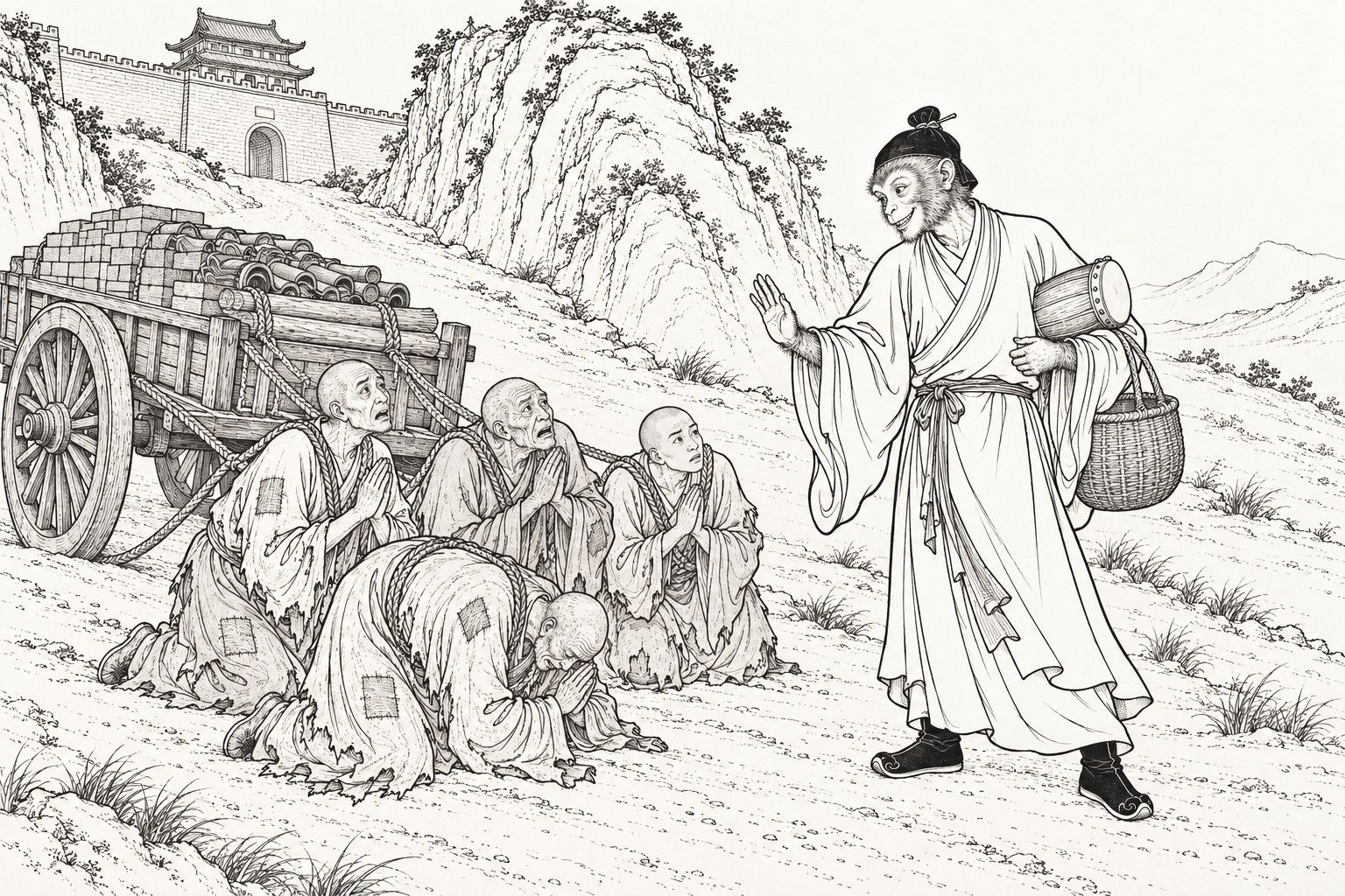 A line drawing in the manner of a late-Qing lithographed edition: on a sandy slope outside a city wall, Sun Wukong, disguised as a wandering Taoist with a bamboo fish-drum under one arm and a basket on the other, waves a hand in grinning reassurance at four ragged shaven-headed monks who kneel in their hauling ropes with palms joined beside a cart piled with bricks, tiles and logs.