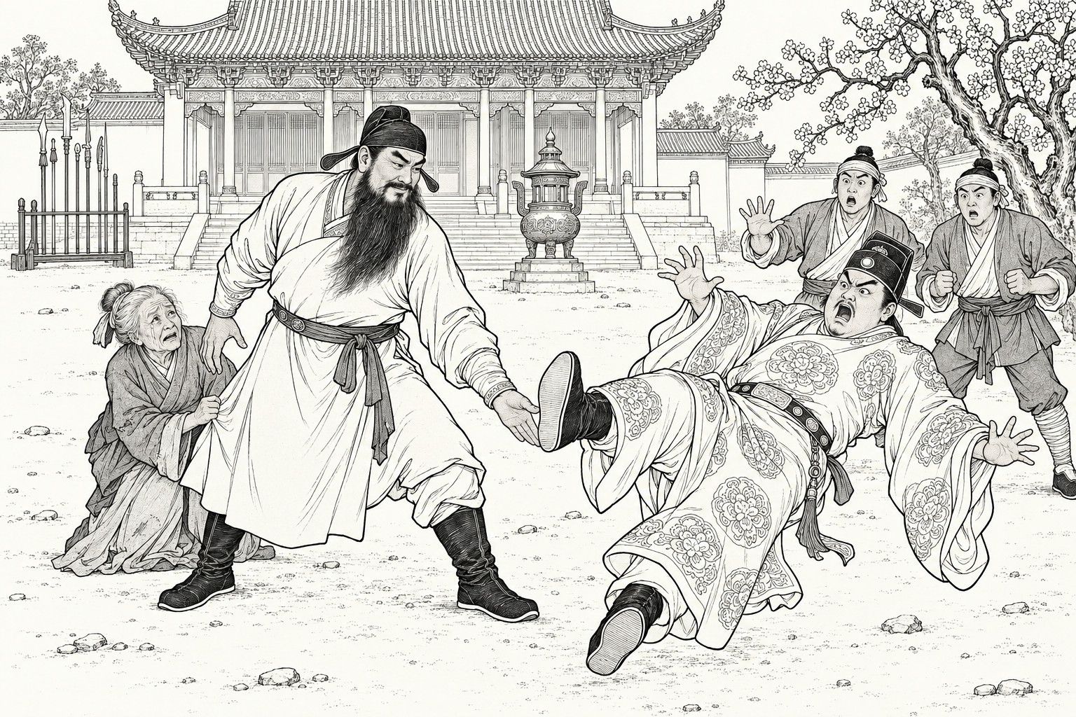 仿清末石印本的线描：庙殿前的空场上，身材高大、长须飘胸的军官穿着束带短袍，一手向下拂开青年公子踢来的脚；那位穿满绣团花袍子的公子惊叫着向后仰倒。老婆子抱着军官的衣襟蹲在他身后哭泣，右边开花的树下，两个年轻打手张着嘴愣在那里。