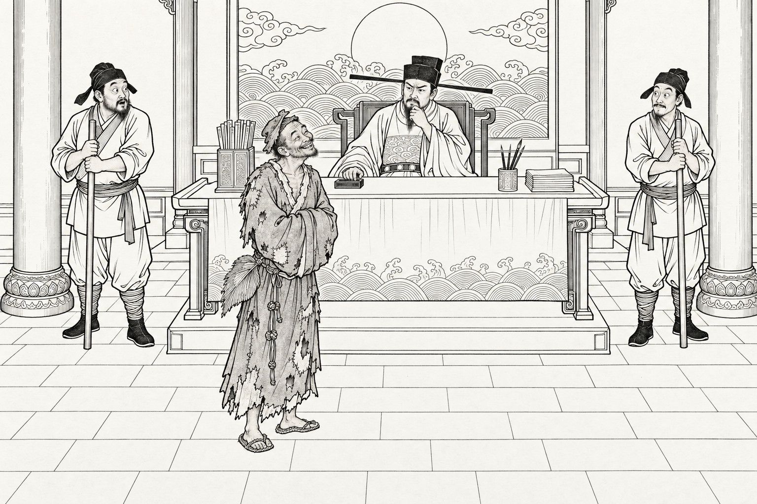 A line drawing in the manner of a late-Qing lithographed edition: in the hall of a magistrate's court, the magistrate behind his bench rests his chin on one hand with a worried frown, a brush stand and a stack of papers on the table; a ragged monk with a fan in his sash stands in front of the bench with his hands in his sleeves, grinning up at him; two court runners with upright staves stand at either side with wide eyes.