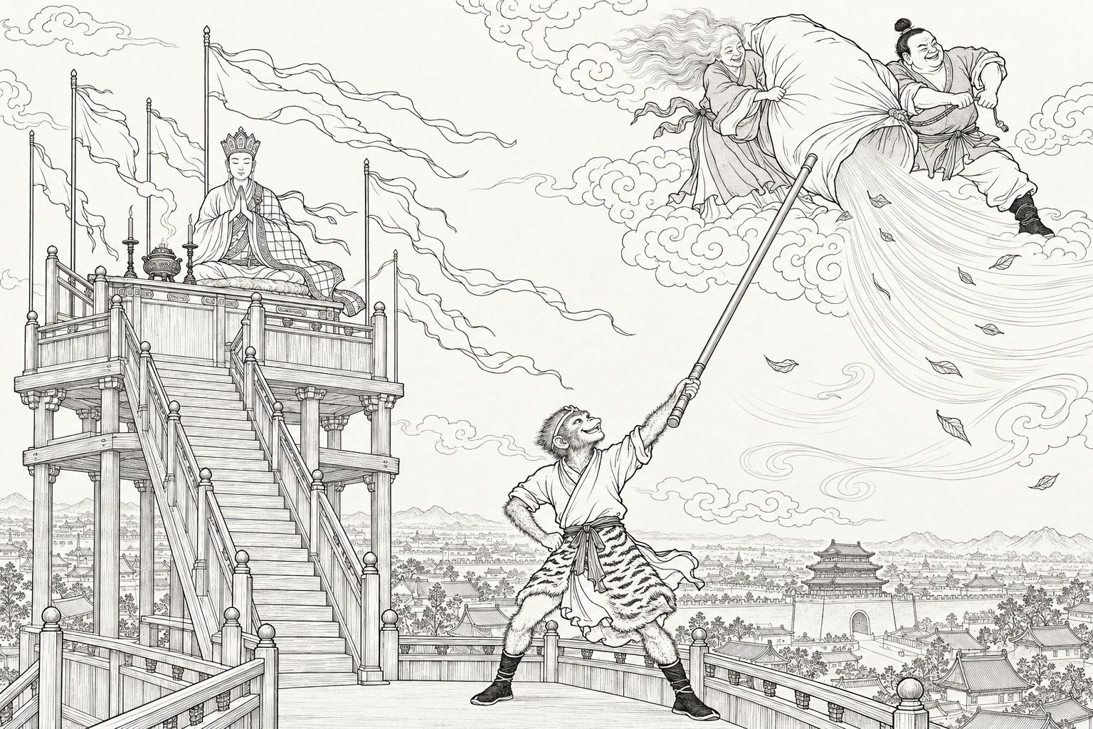 A line drawing in the manner of a late-Qing lithographed edition: by day, on a tall wooden rain-making altar with pennants streaming in the wind, a crowned young monk sits cross-legged with hands joined and eyes closed behind a table with an incense burner and candles, while below a monkey in a tiger-skin kilt stands with one hand on his hip and thrusts a long iron pole up toward the clouds, where an old woman and a stout topknotted man on a cloud open a huge cloth bag and loose a great wind with swirling leaves, and the roofs and gate tower of a city lie far below.