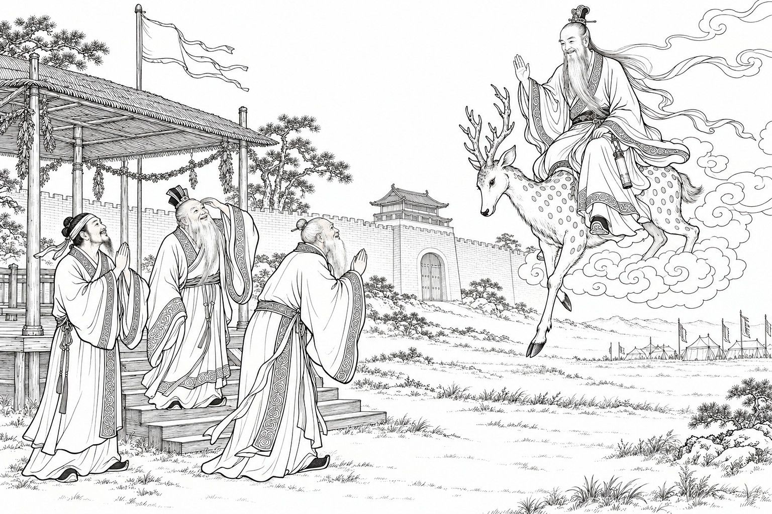 A line drawing in the manner of a late-Qing lithographed edition: outside a city gate beside a reed-mat pavilion hung with garlands, Jiang Ziya bows with hands joined, flanked by two Daoists, one in a flat headband with hands joined and an old one in a tall crown shading his eyes, all looking up as a Daoist with a long white beard and a narrow scroll at his belt rides a spotted, antlered deer down from a curl of cloud, one hand raised in greeting.