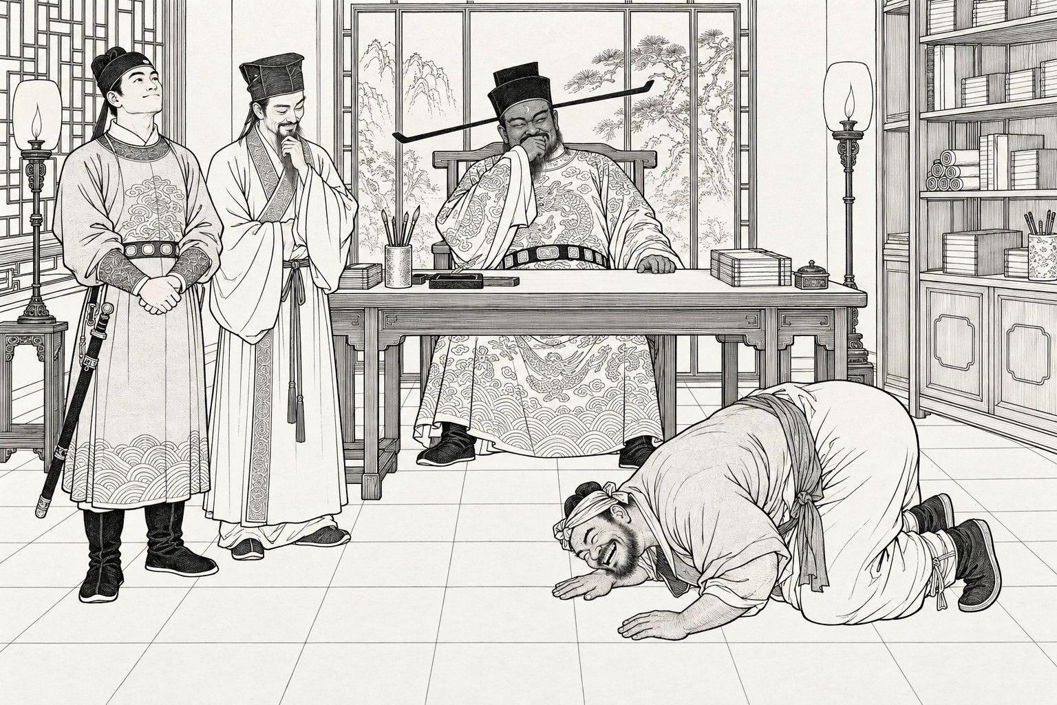 A line drawing in the manner of a late-Qing lithographed edition: in the magistrate's study at night, a burly man kneels in the foreground and bows his forehead almost to the floor with a broad laugh; behind a desk the dark-faced magistrate sits in his armchair with a sleeve held across his mouth, and beside the desk a sword-bearing guard officer gazes at the ceiling and a scholar with a hand at his chin smiles, both holding back laughter; lamp stands, a painted screen and a bookshelf fill the room.