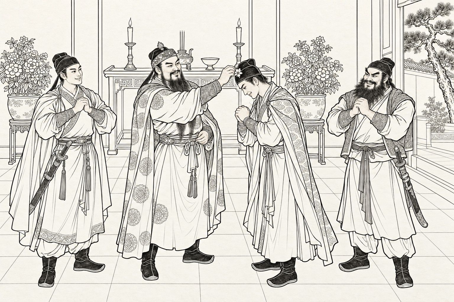 A line drawing in the manner of a late-Qing lithographed edition: in a hall with an altar table, two candlesticks and flowering potted plants, a bearded host in a patterned cloak reaches up to pin a small flower on the cap of a slim guest who bows his head with clasped hands; a young hero with a sword at the left and a bearded hero with a sword at the right, both with clasped fists, smile in congratulation.