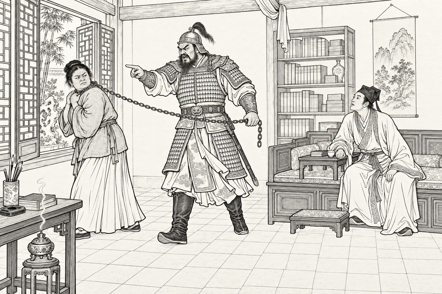 A line drawing in the manner of a late-Qing lithographed edition: in a scholar's room by day, an armored warrior with a plumed helmet points and scolds as he pulls an iron chain looped around the neck of a stout, sullen woman who clutches it and glances back, while a young scholar seated on a couch beside a bookshelf looks up in astonishment, with a lattice window, bamboo and garden rock at the left.