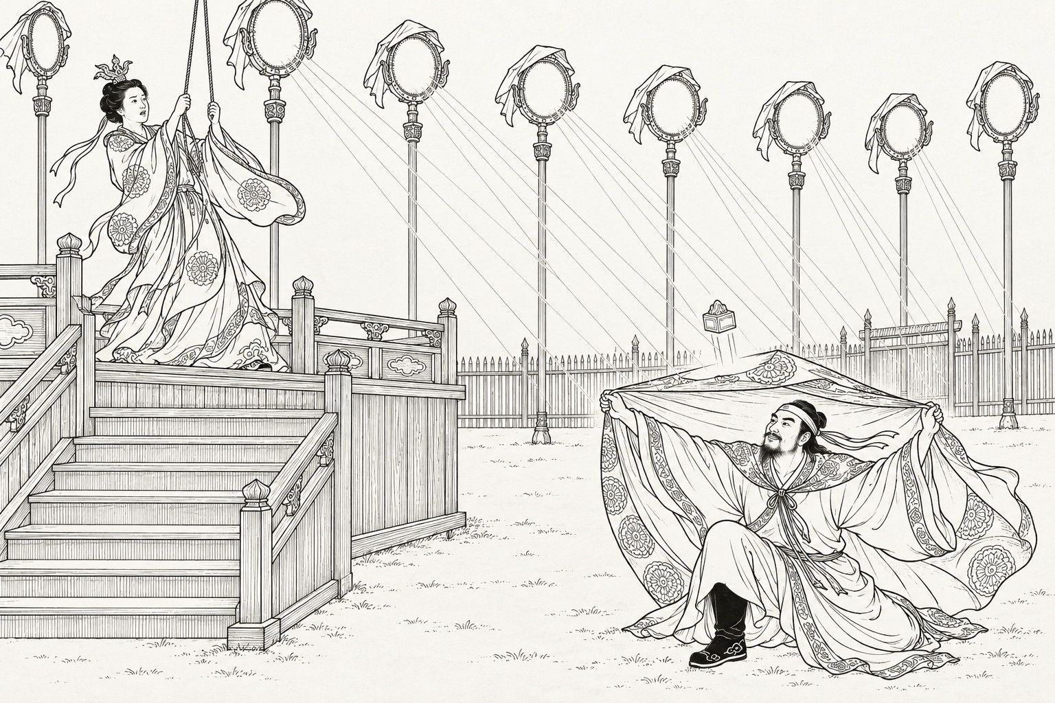 A line drawing in the manner of a late-Qing lithographed edition: inside a magic formation ringed with tall poles topped with round mirrors under fluttering covers, a woman Daoist in a fish-tail crown, standing on a wooden platform, pulls two cords in alarm as thin rays of light slant down from the mirrors; a Daoist in a flat headband crouches on one knee in the foreground, holding up a large embroidered cloak over his head like an umbrella and smiling up, while a small square seal rises into the air above him.