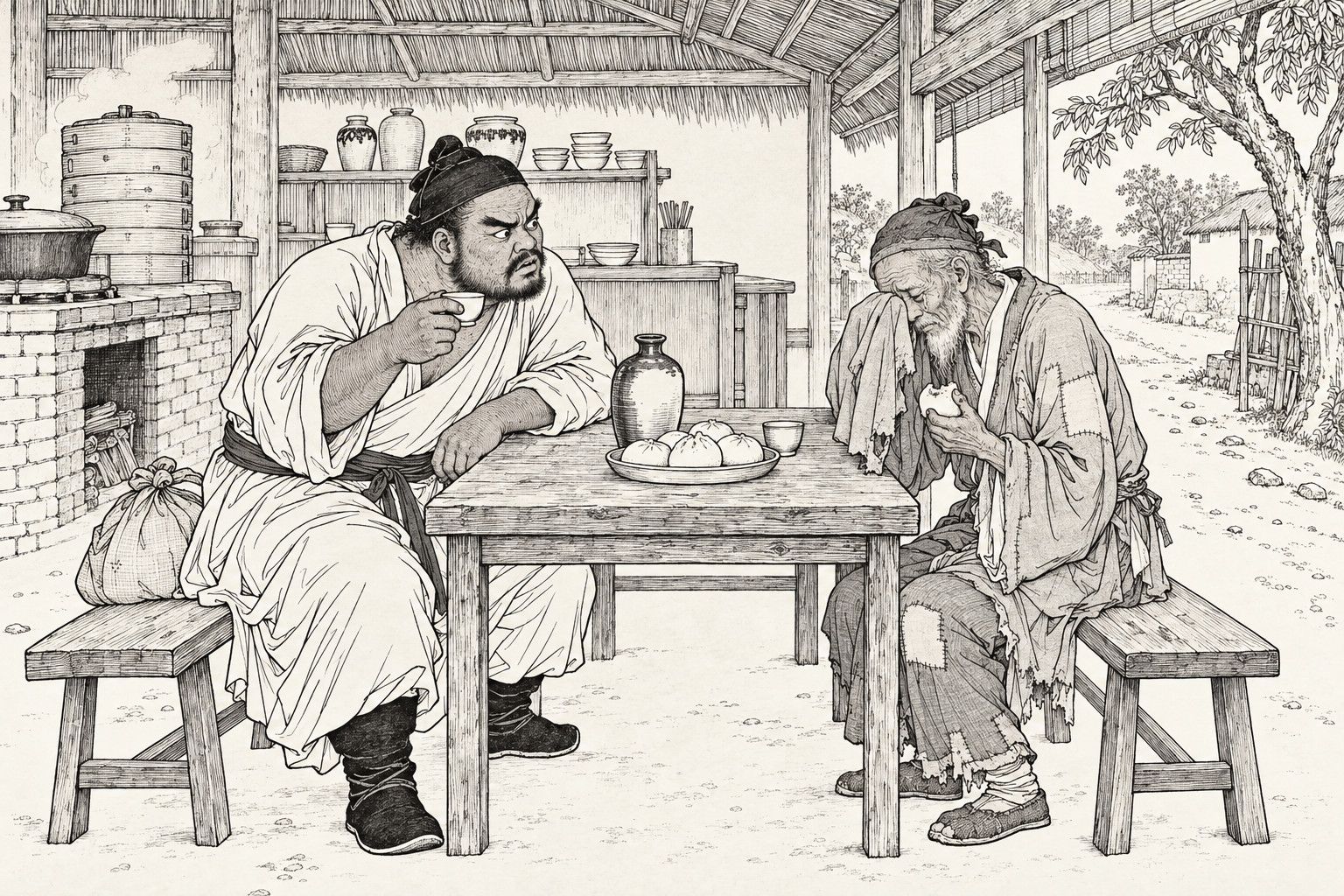 A line drawing in the manner of a late-Qing lithographed edition: in a thatched village eating-house, a burly bearded traveller in a plain robe leans on a rough table with a wine cup in his hand and scowls across it at a thin old man in a patched jacket, who sits with a half-eaten bun in one hand and a tattered sleeve held to his weeping eyes; a wine jug and a plate of buns stand between them, and a stove with stacked steamers is behind.