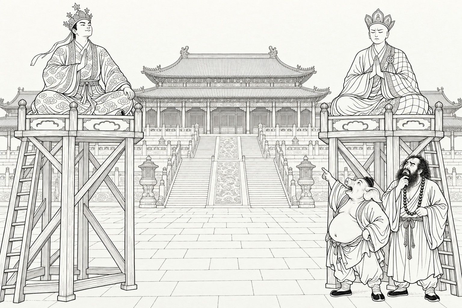 A line drawing in the manner of a late-Qing lithographed edition: by day in the great courtyard before a palace throne hall, a young Taoist in a starry crown and a brocade robe sits cross-legged on a tall wooden platform at the left, one palm raised, while a young monk with hands joined sits on a matching platform at the right, and at the foot of the right platform a pig-headed disciple points upward and a bearded disciple strokes his chin, with the stepped terrace, carved balustrades and double-eaved hall behind them.