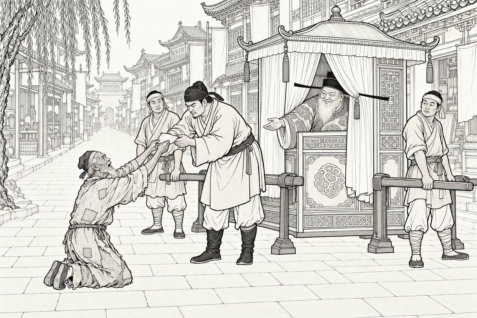 A line drawing in the manner of a late-Qing lithographed edition: on a shop-lined city street, a ragged old man kneels with both arms stretched up, holding out a petition, while a stocky retainer bends to take it from him; from the curtained front of a canopied sedan chair, a white-bearded old man in a winged official cap smiles and stretches out a hand for the paper, and a bearer stands at each end of the chair's poles.