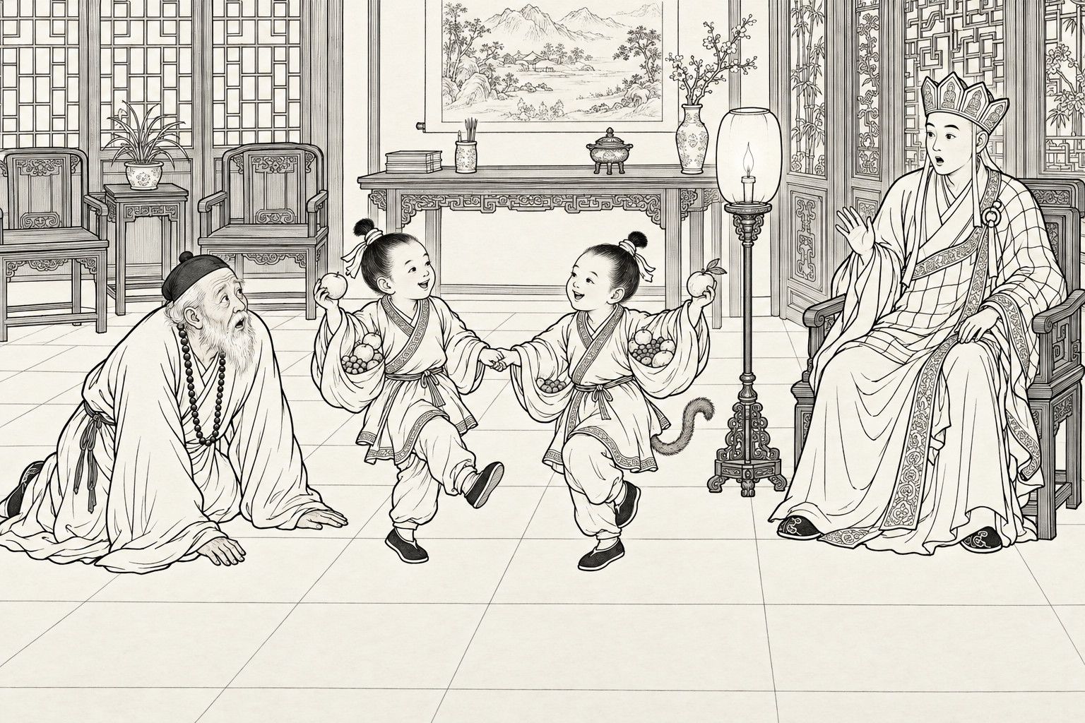 A line drawing in the manner of a late-Qing lithographed edition: in a village mansion's hall, two identical small boys with sleeves stuffed with fruit dance hand in hand before a standing lamp, a small tail curling from the jacket of the one at the right, while an old white-bearded man kneels on the tiles staring at them and the monk Tripitaka, seated in an armchair at the right, raises a hand in astonishment.