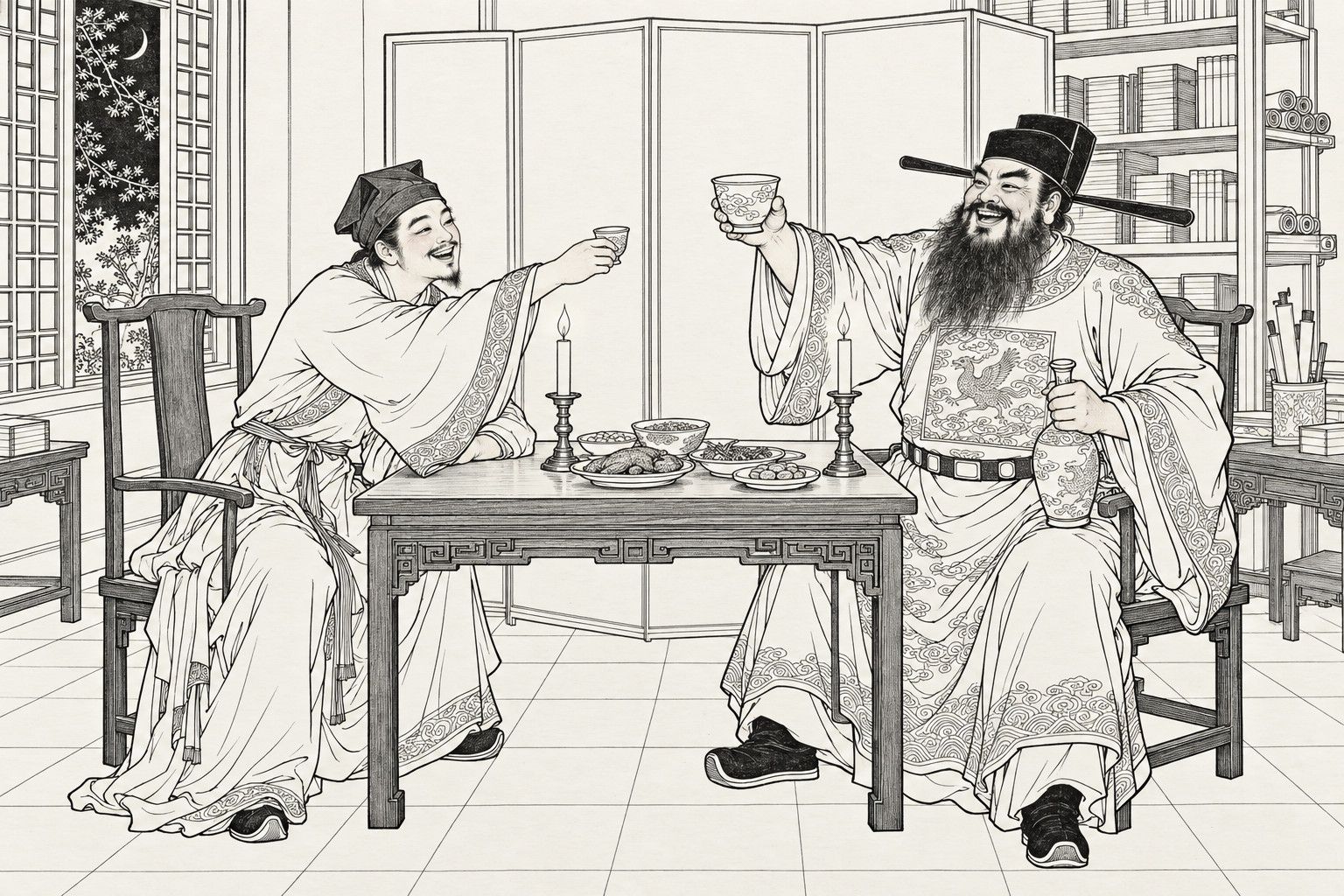 A line drawing in the manner of a late-Qing lithographed edition: in a study at night, a young scholar in a soft square cap and a big bearded official in a winged black cap sit facing each other across a table with food and two candles, both laughing and clinking cups, the official holding a wine jug in his other hand.