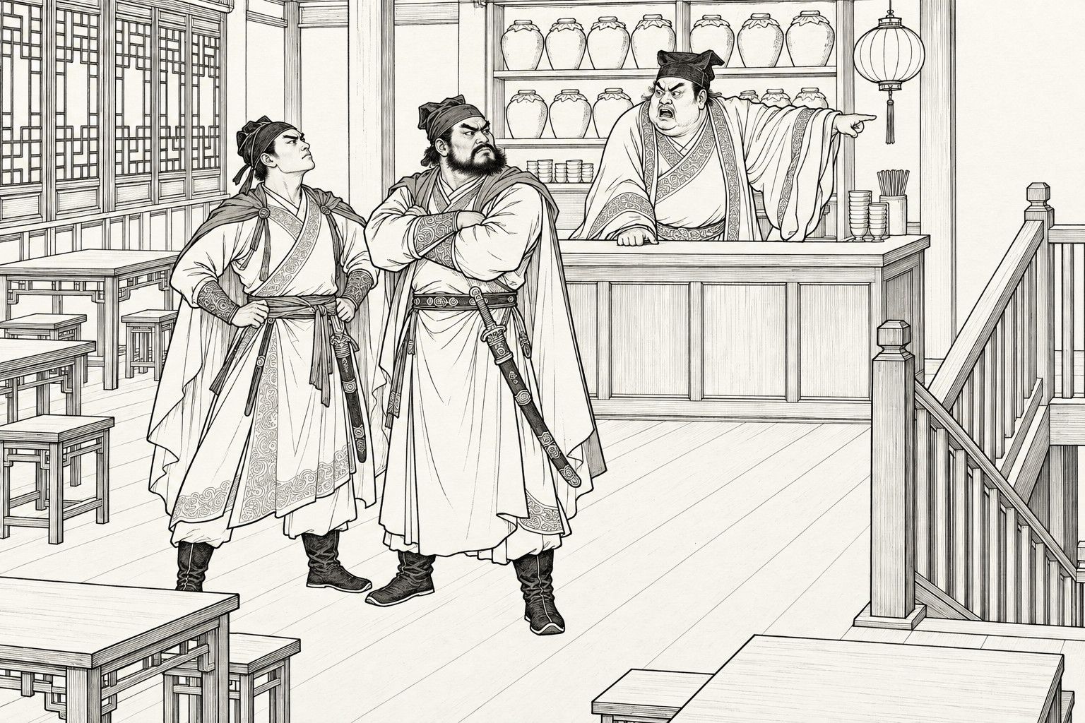 A line drawing in the manner of a late-Qing lithographed edition: on the upper floor of a tavern with empty tables, wine jars on shelves and a staircase at the right, a bloated, scowling owner in a square cap and wide-sleeved robe leans on his counter and points toward the stair; two sword-bearing travellers in warrior's dress stand their ground, one with hands on his hips and chin up, the other with arms folded, glaring.