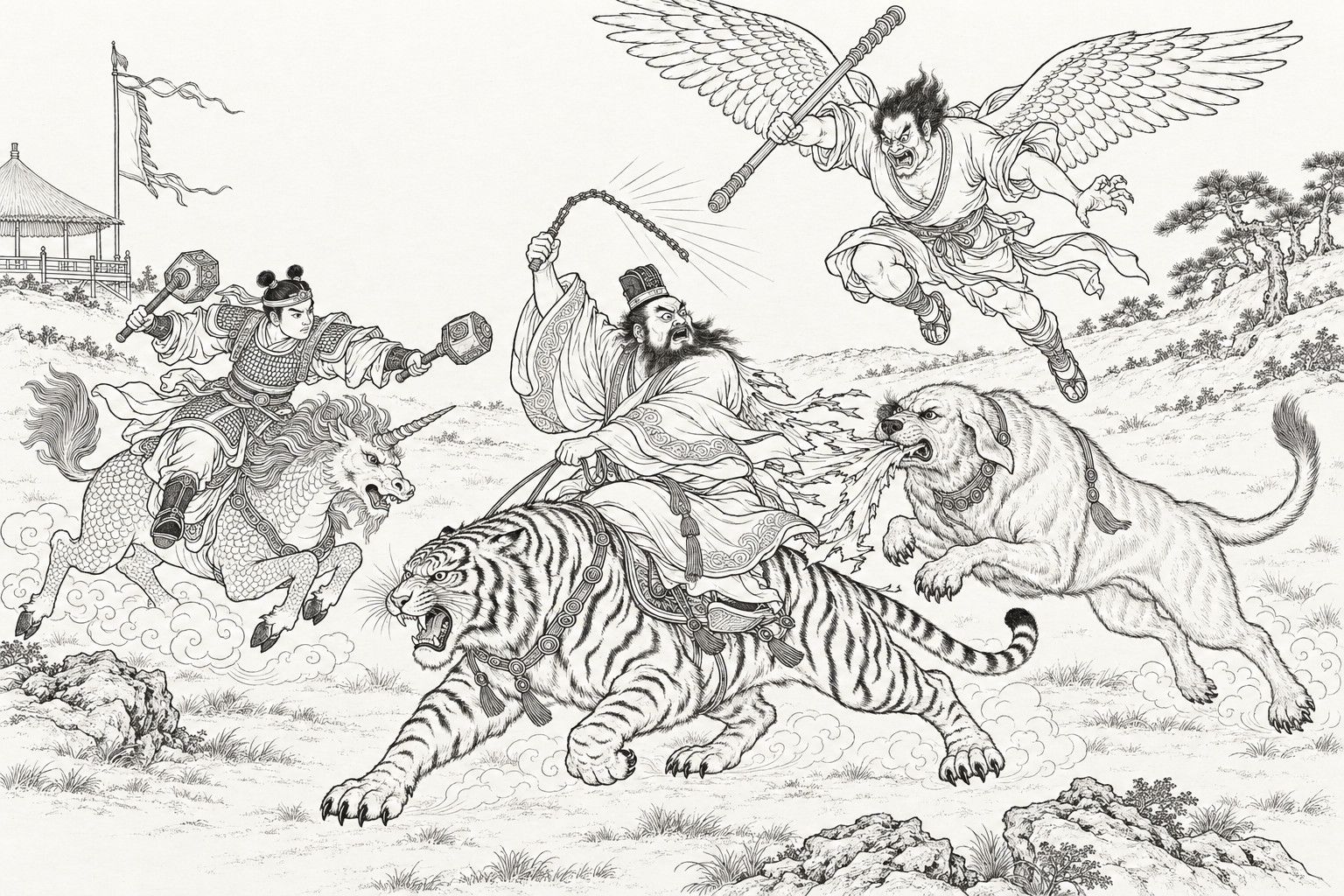 仿清末石印本的线描:茅亭前的旷野上,蓄须的道人骑着斑斓猛虎,扭身高举闪着光芒的竹节铁鞭;他身后一只巨犬扑起,咬住他的长袍,把袍子撕成一条条。半空中,生着宽大羽翼、龇牙的力士挥着长棍俯冲而下;左边一位骑着披鳞独角兽的年轻将军挥动双锤。